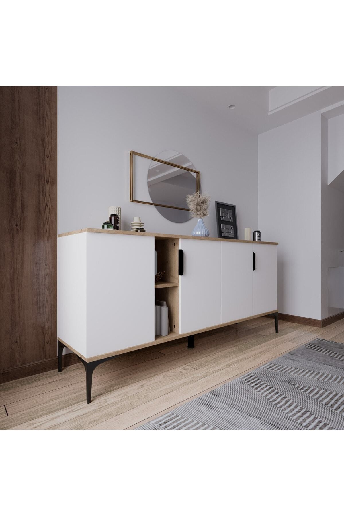 ALONEX HOME Mobilya Tarz Beyaz Konsol 4 Kapaklı, Raflı , 180 Cm , Yemek Odası , Ofis, Salon Ünite (FULL BEYAZ)