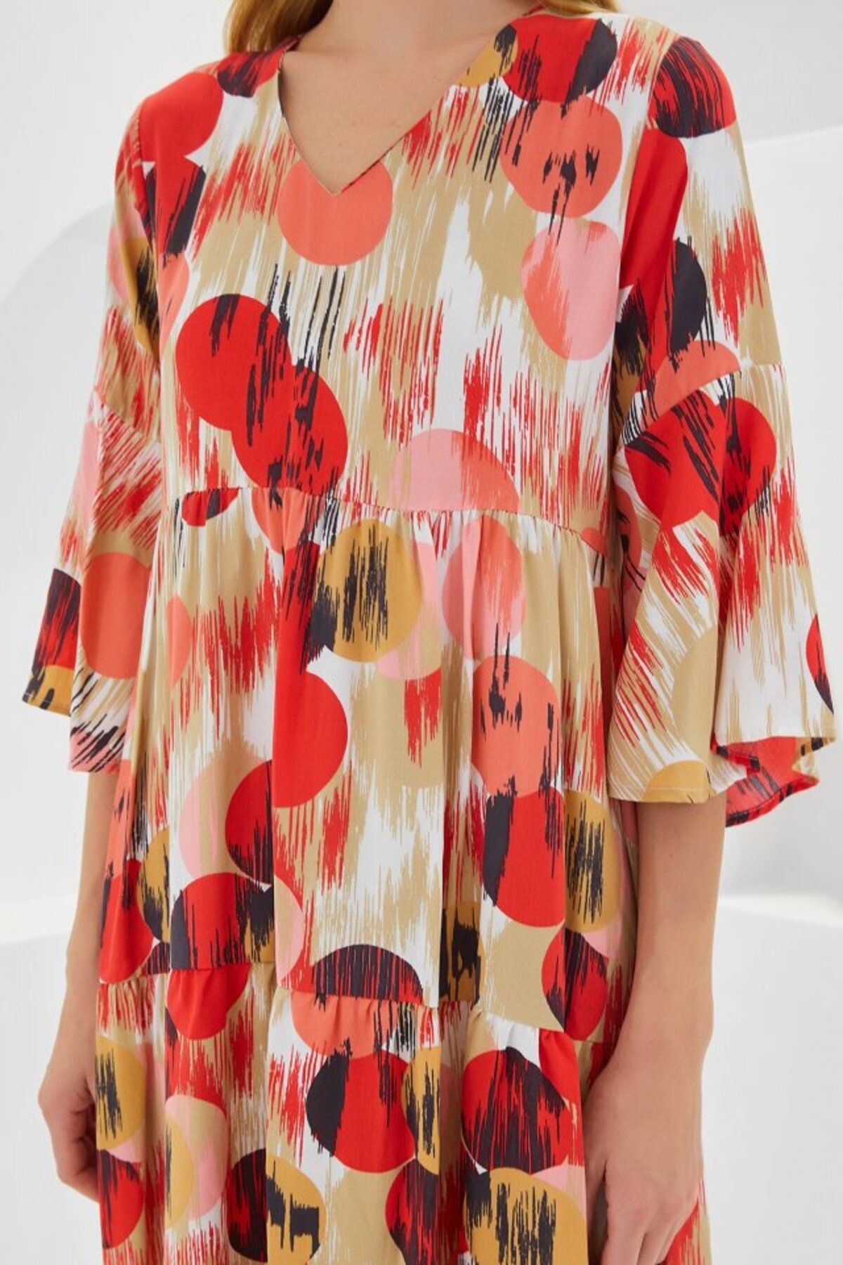 TUA MODA-Tua Moda Tile Ecru Patterned Short Sleeve Viscose Dress 1959 4