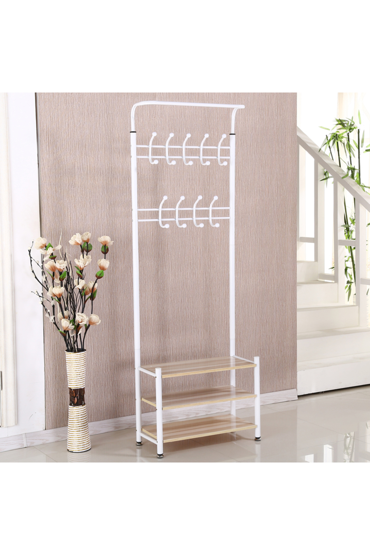 منظم علاقة ملابس معدن وحامل ملابس مزود بخطافات و 3 رفوف احذية | ابيض 190x66x30 سم