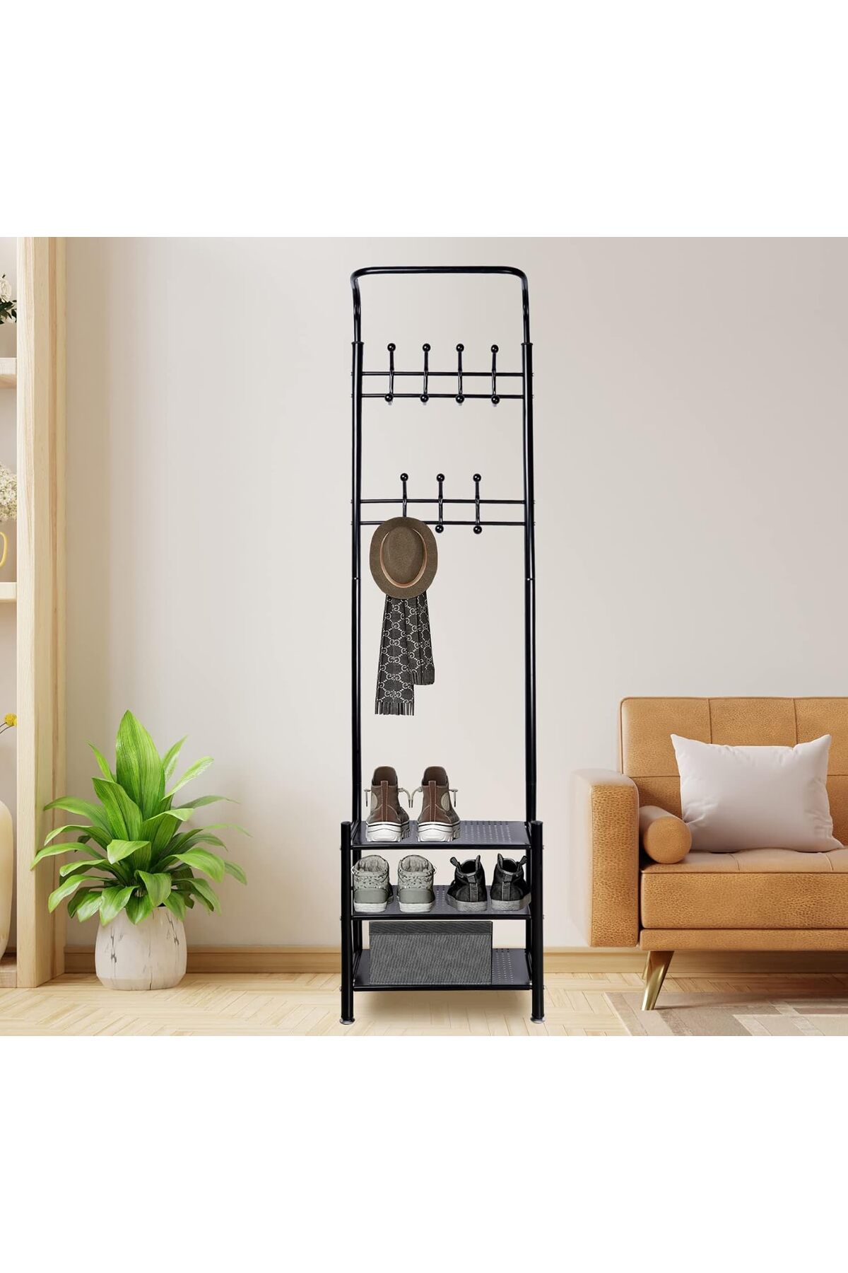 منظم علاقة ملابس معدن وحامل ملابس مزود بخطافات و 3 رفوف احذية| اسود 190x52x30 سم