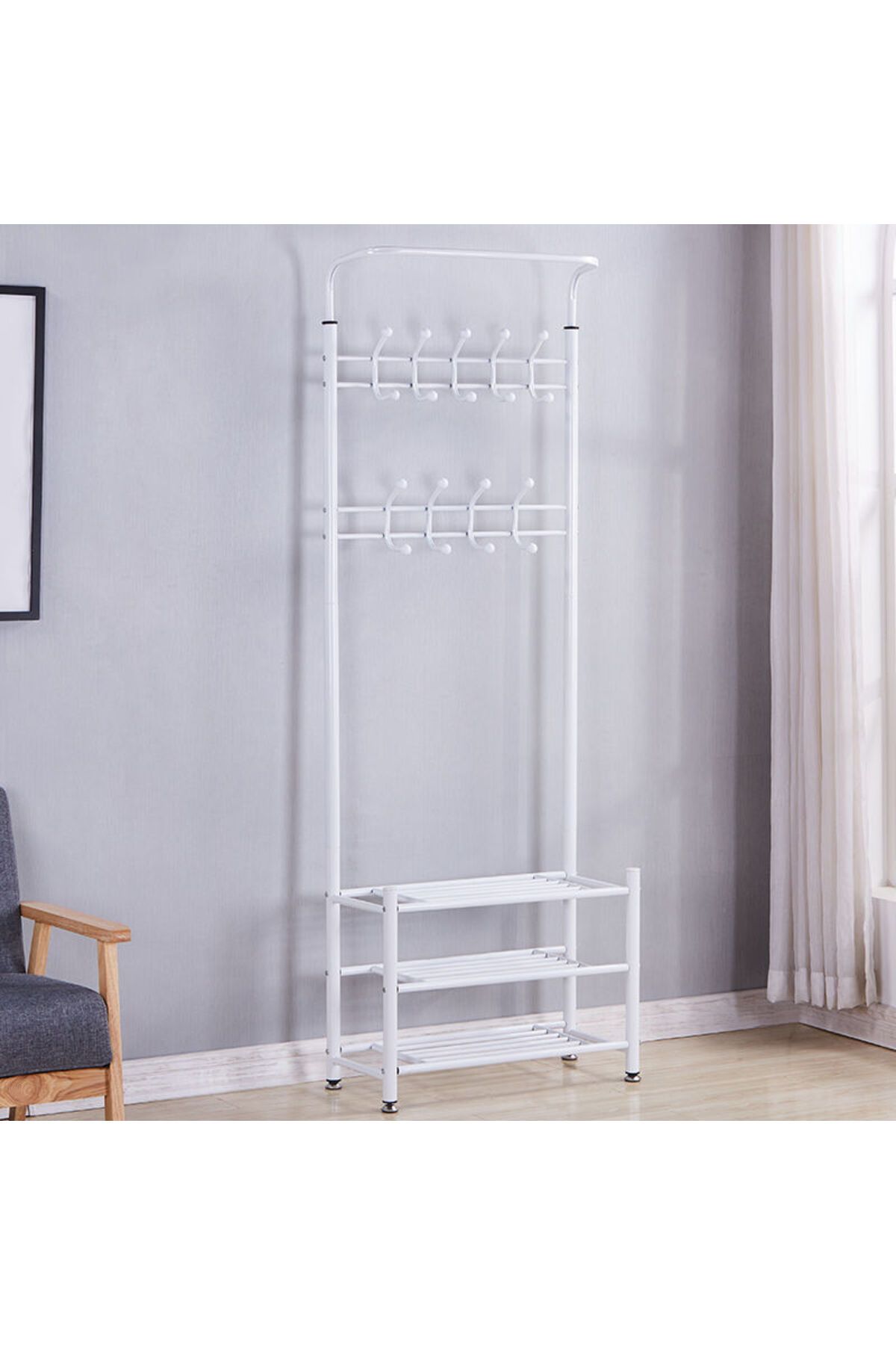 Generic-Metal Clothes Hanger Organizer and Clothes Rack with Hooks and 3 Shoe Racks | White 190x66x30 cm 2