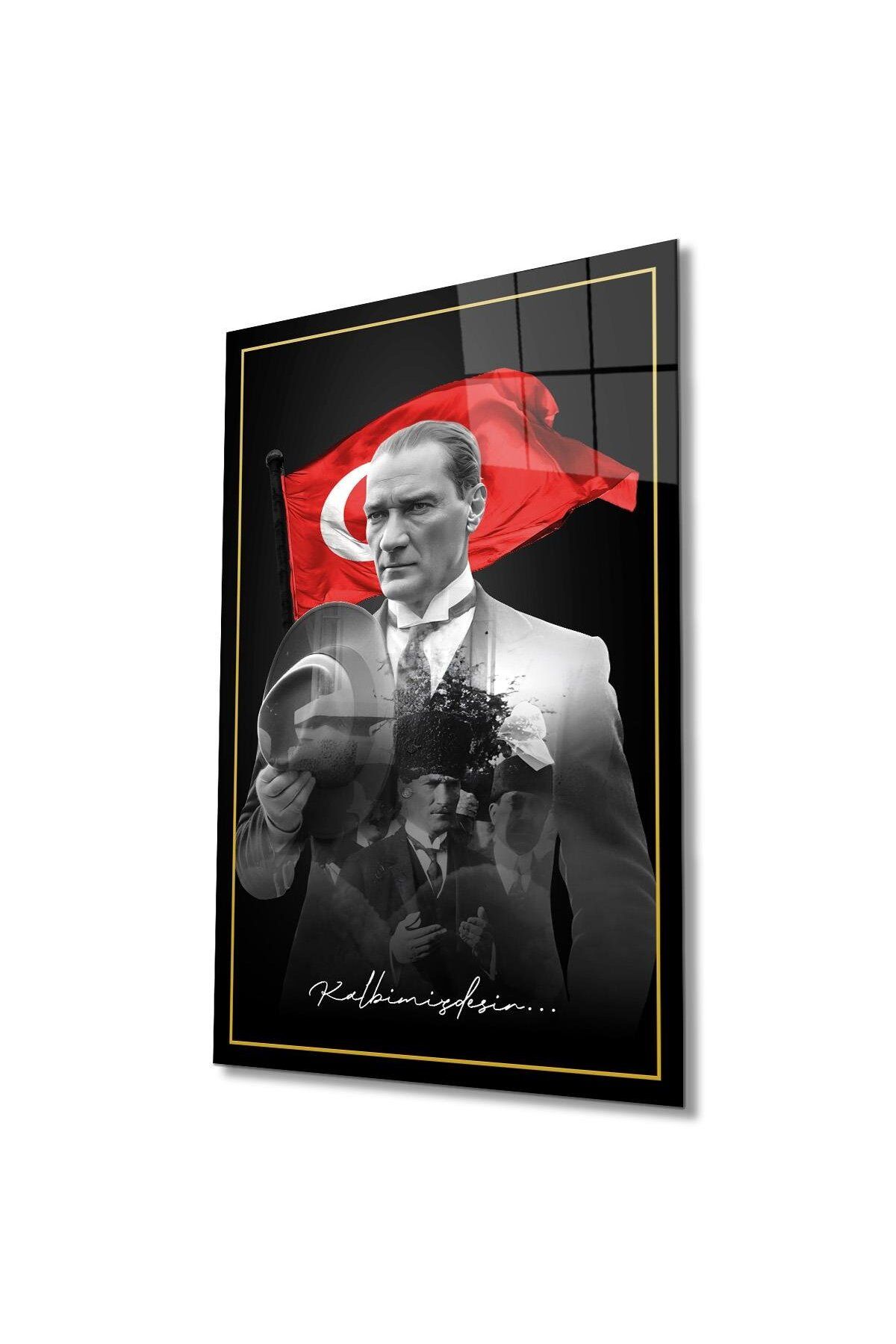idealizbiz Atatürk Portre ve Türk Bayrağı Cam Tablo Modern Ev Ofis Salon Hediyelik Büyük Tablo Duvar Dekoru