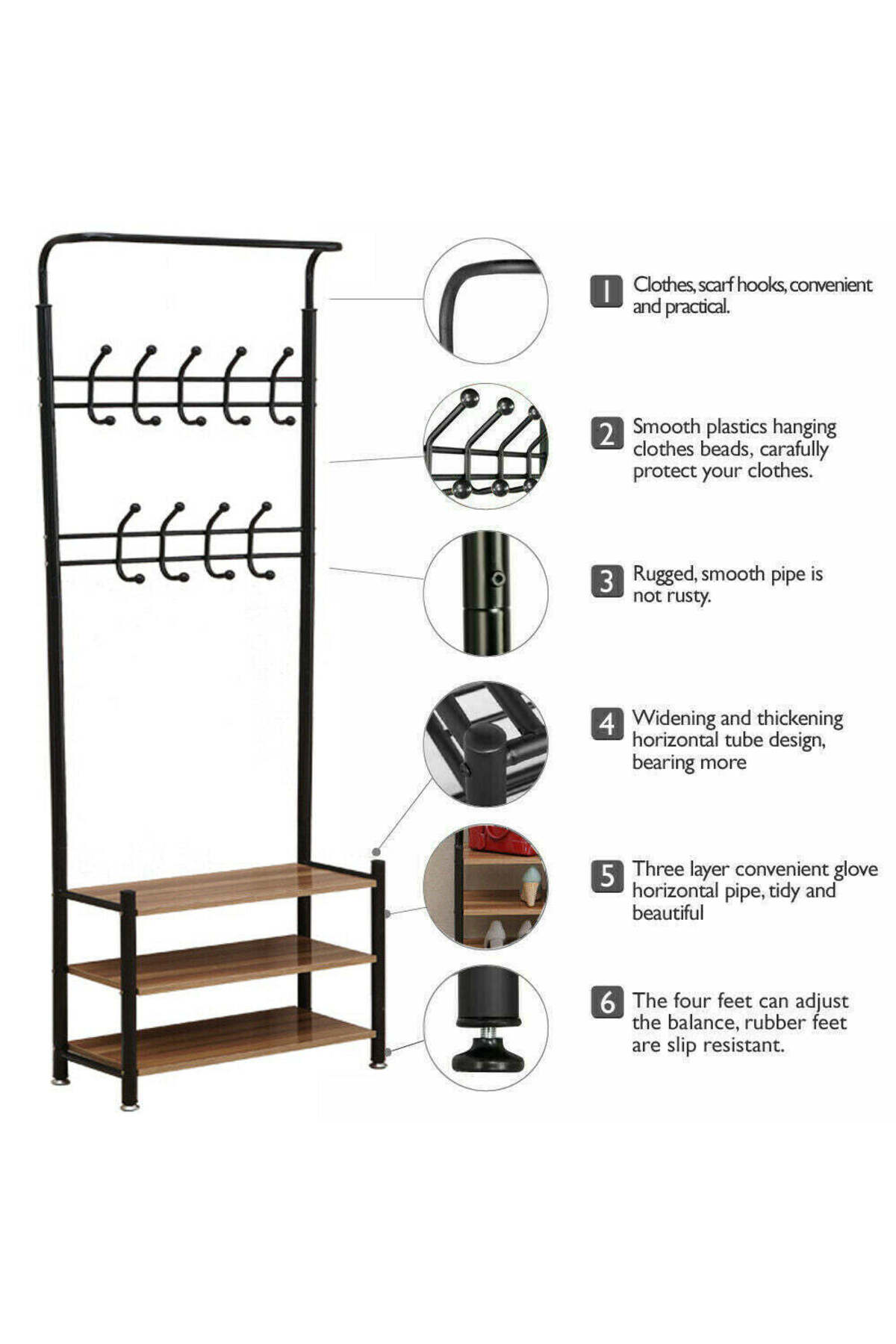 منظم علاقة ملابس معدن وحامل ملابس مزود بخطافات و 3 رفوف احذية | اسود 190x66x30 سم