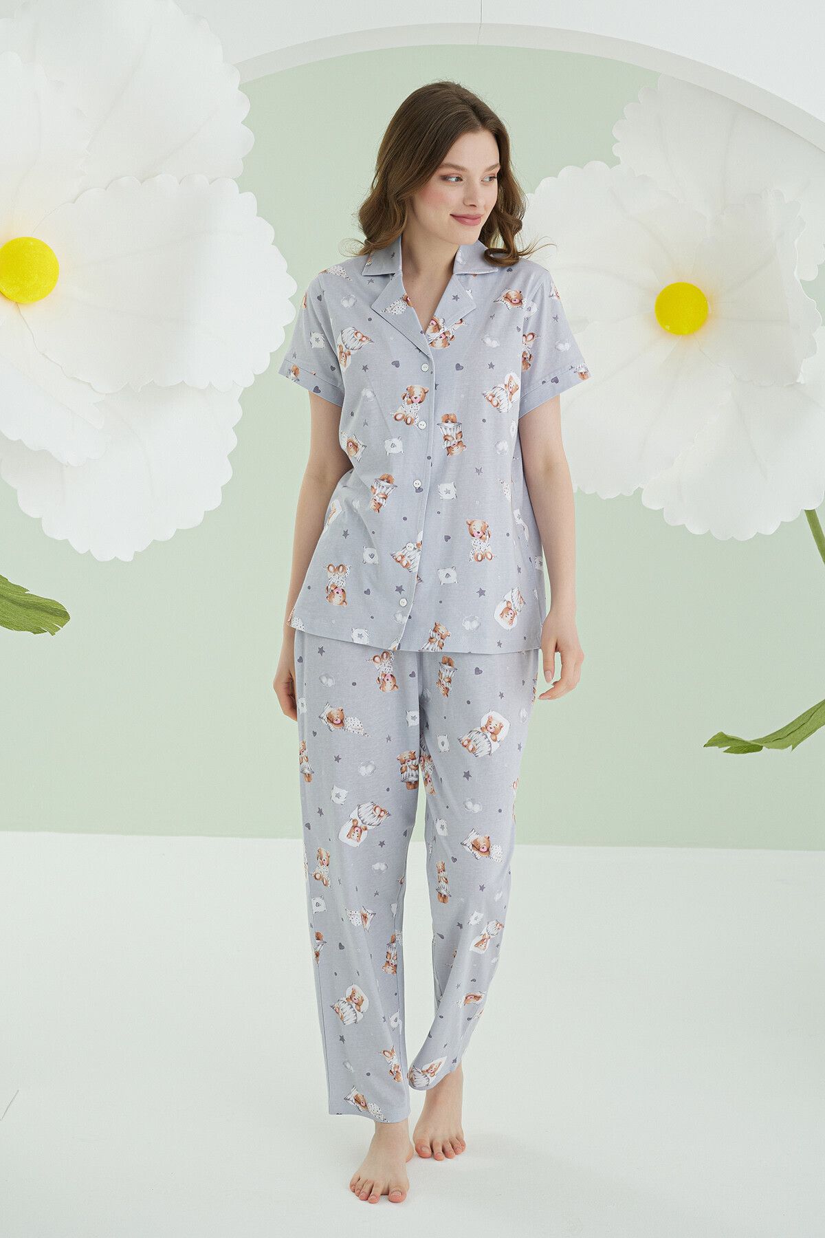 NBB-Gray Women's Pajamas Set - Cotton, Front Button, Short Sleeve, Bear Heart Star Printed 1