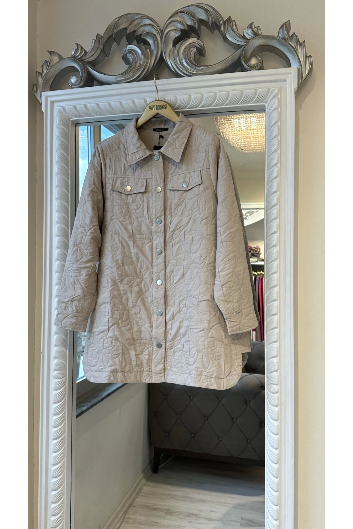 Invee-Invee 6827 Patterned Quilted Jacket - Cream 5