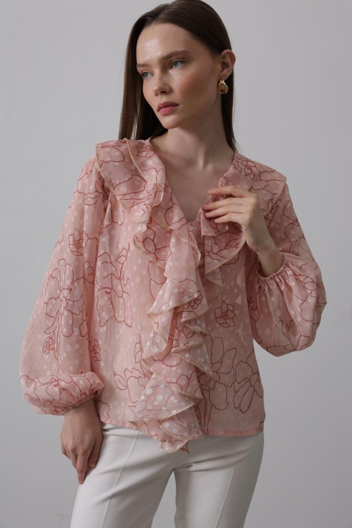 velmorafashion Simli Fırfırlı Gömlek - Somon
