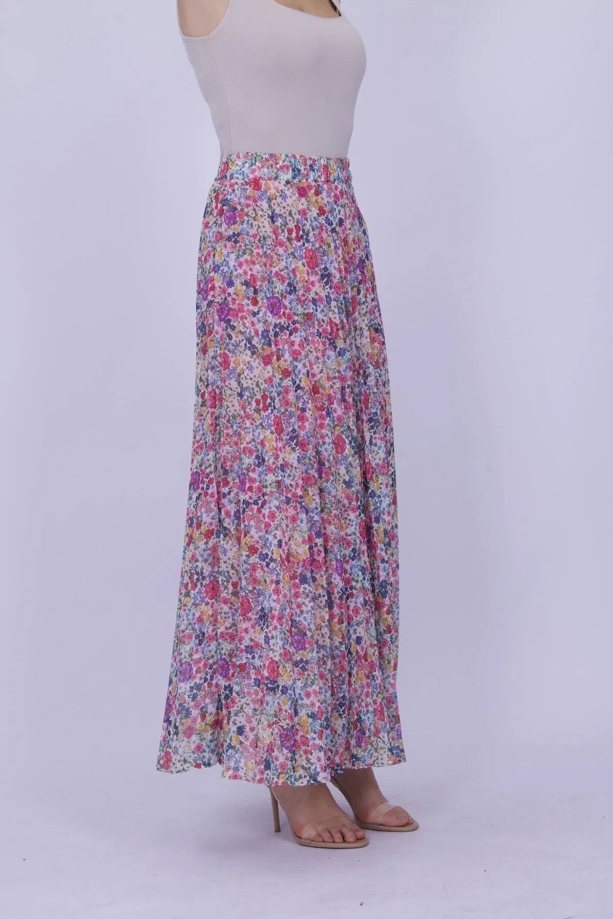 Modabenna-Patterned Lined Pleated Chiffon Skirt with Elastic Waist Pleated 3
