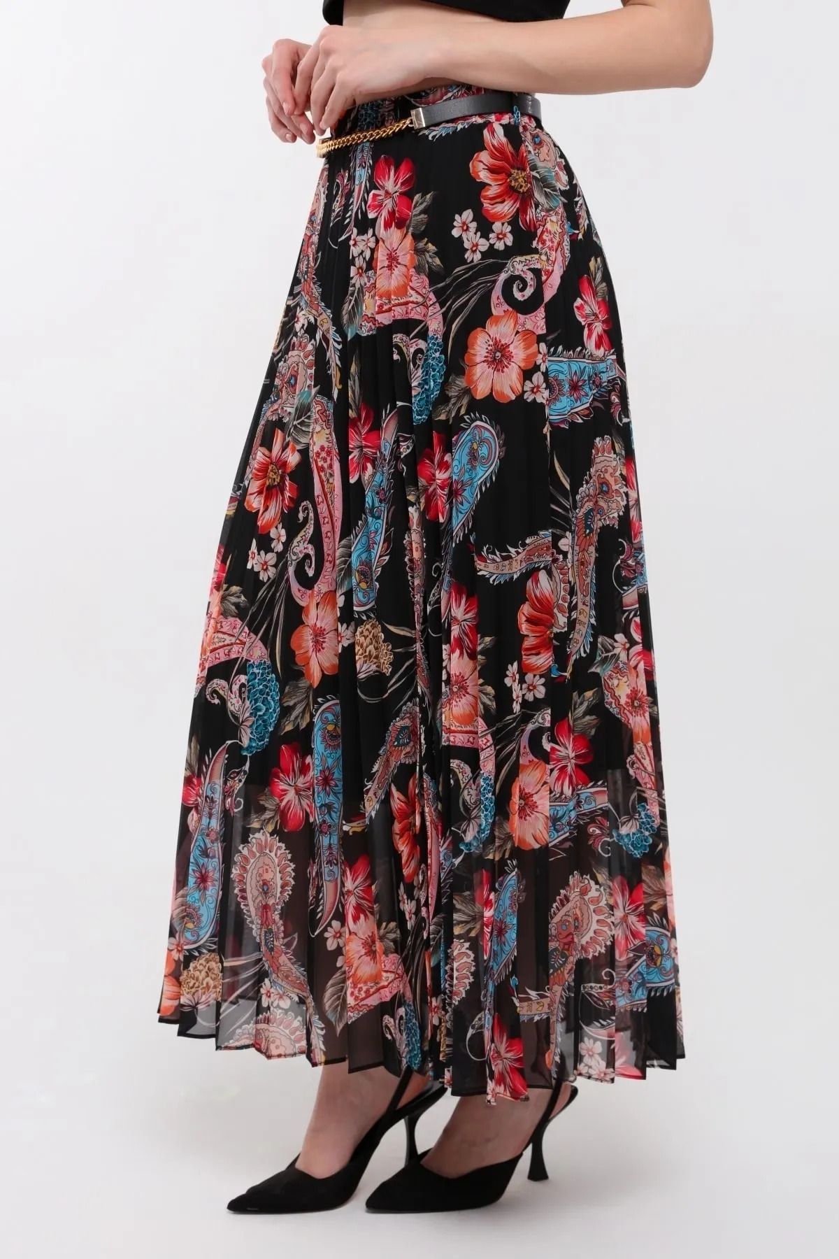 Modabenna-Patterned Lined Pleated Chiffon Skirt with Elastic Waist Pleated 2