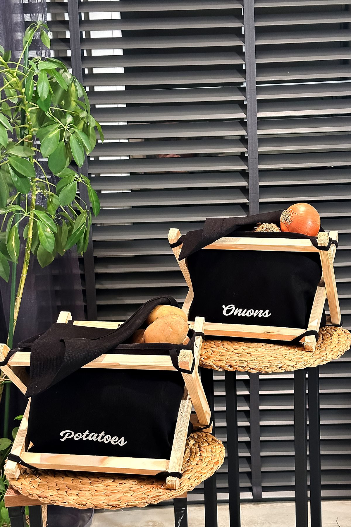 KendsHome Patates Soğanlık 2'li Set - Patates Soğan Sepeti - Ahşap & Kanvas, 6 Kg Kapasiteli, Siyah Renk