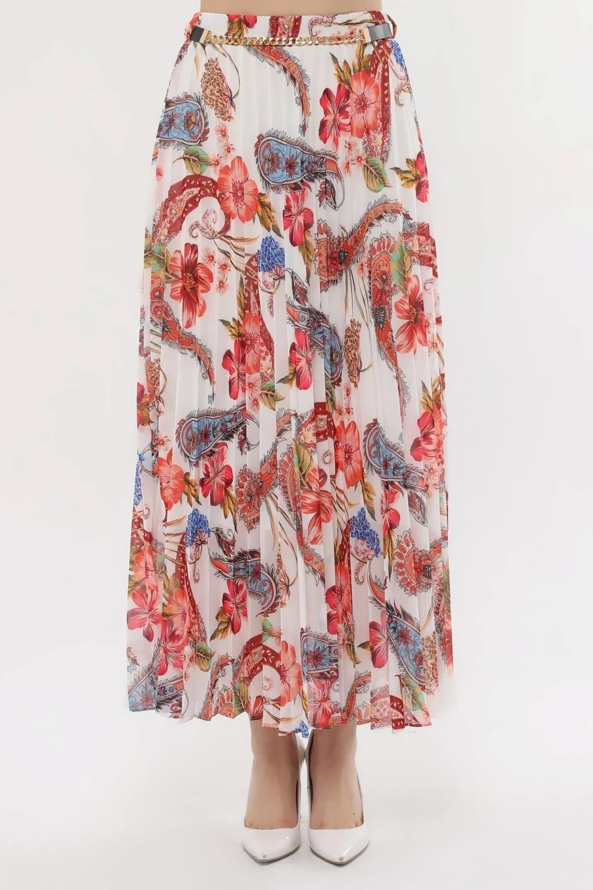Modabenna-Patterned Lined Pleated Chiffon Skirt with Elastic Waist Pleated 2