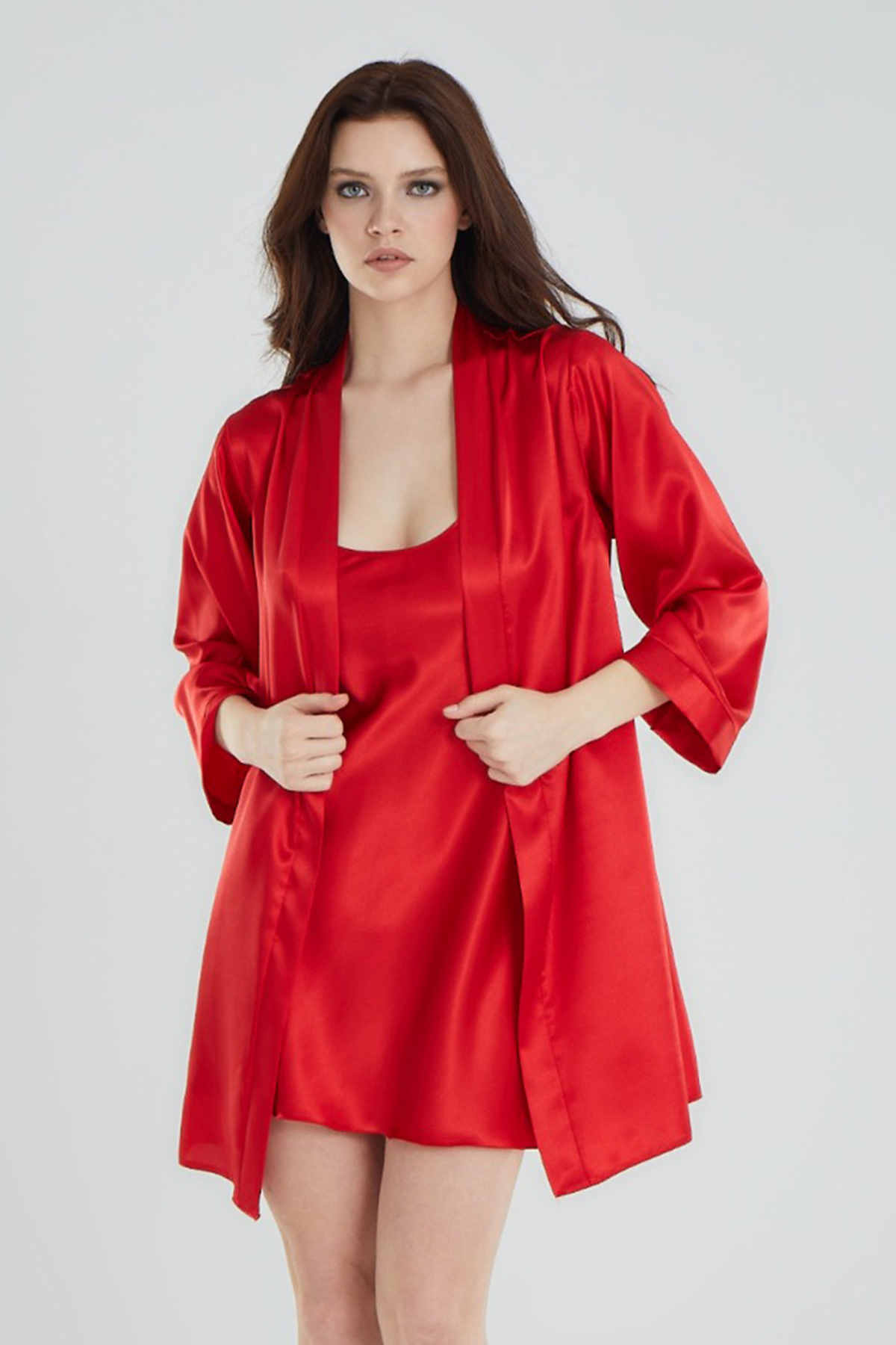 Trendyol Collection-Piros hozomány szett 2 csomag szatén szőtt pongyola + hálóing THMSS25GC00028 3