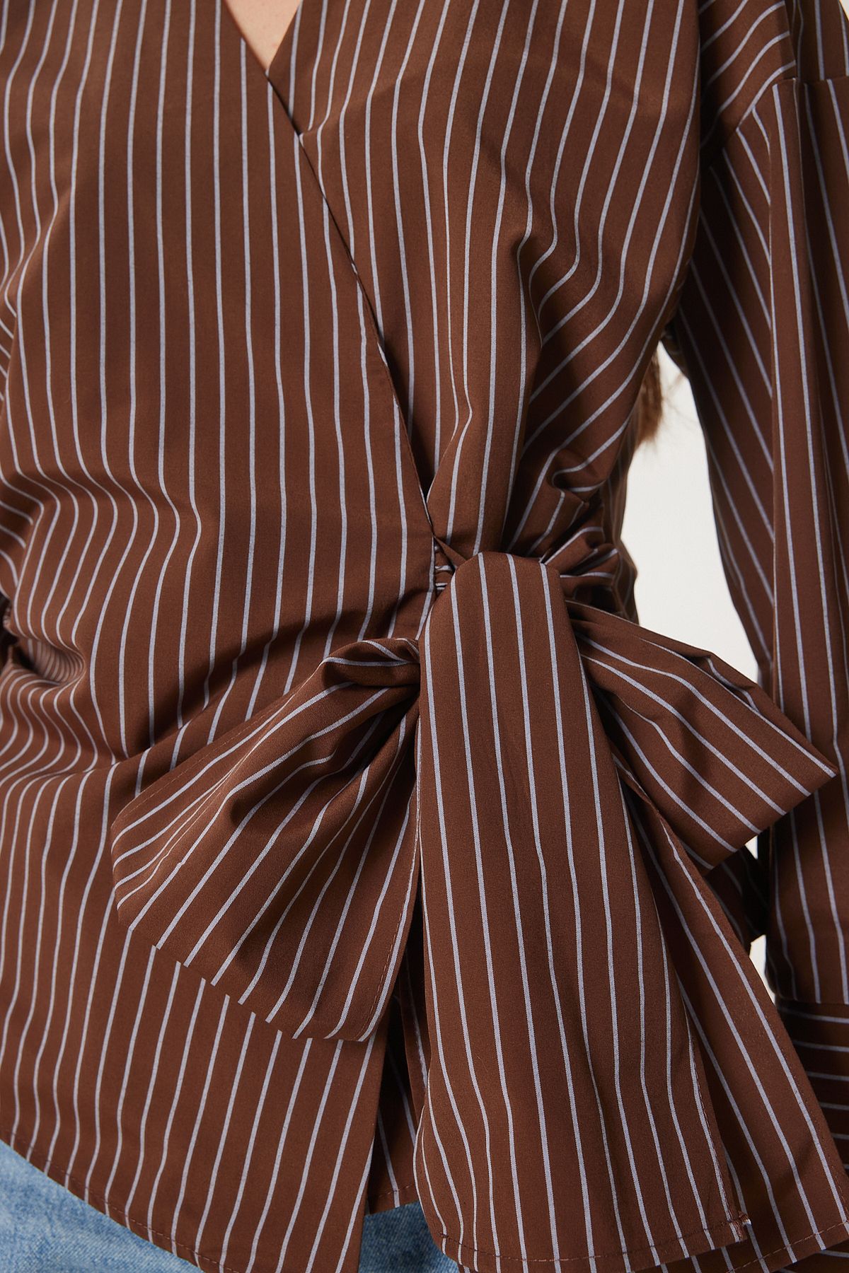 Happiness İstanbul-Women's Brown Striped Shirt Poplin Blouse Us00962 4
