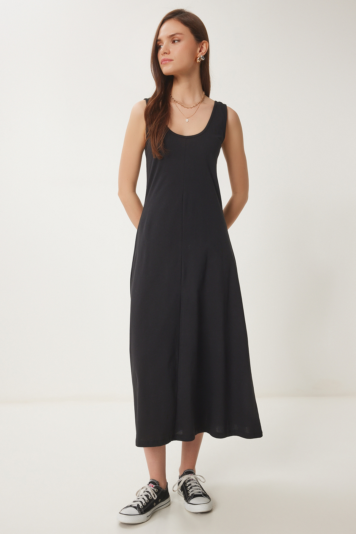 Happiness İstanbul-Schwarzes ärmelloses Basic-Sommer-Strickkleid für Damen CR00478 2