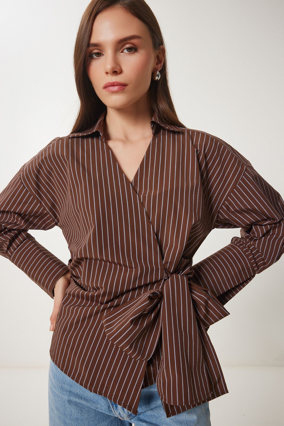 Happiness İstanbul-Women's Brown Striped Shirt Poplin Blouse Us00962 1