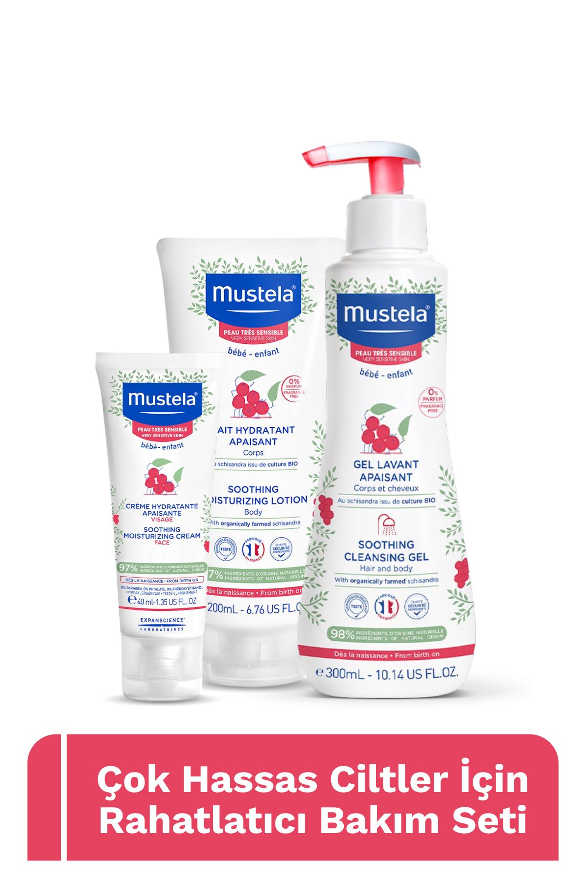 Mustela Çok Hassas Ciltler Bakım Seti- Şampuan, Vücut Losyonu, Yüz Kremi Bebek Çocuk