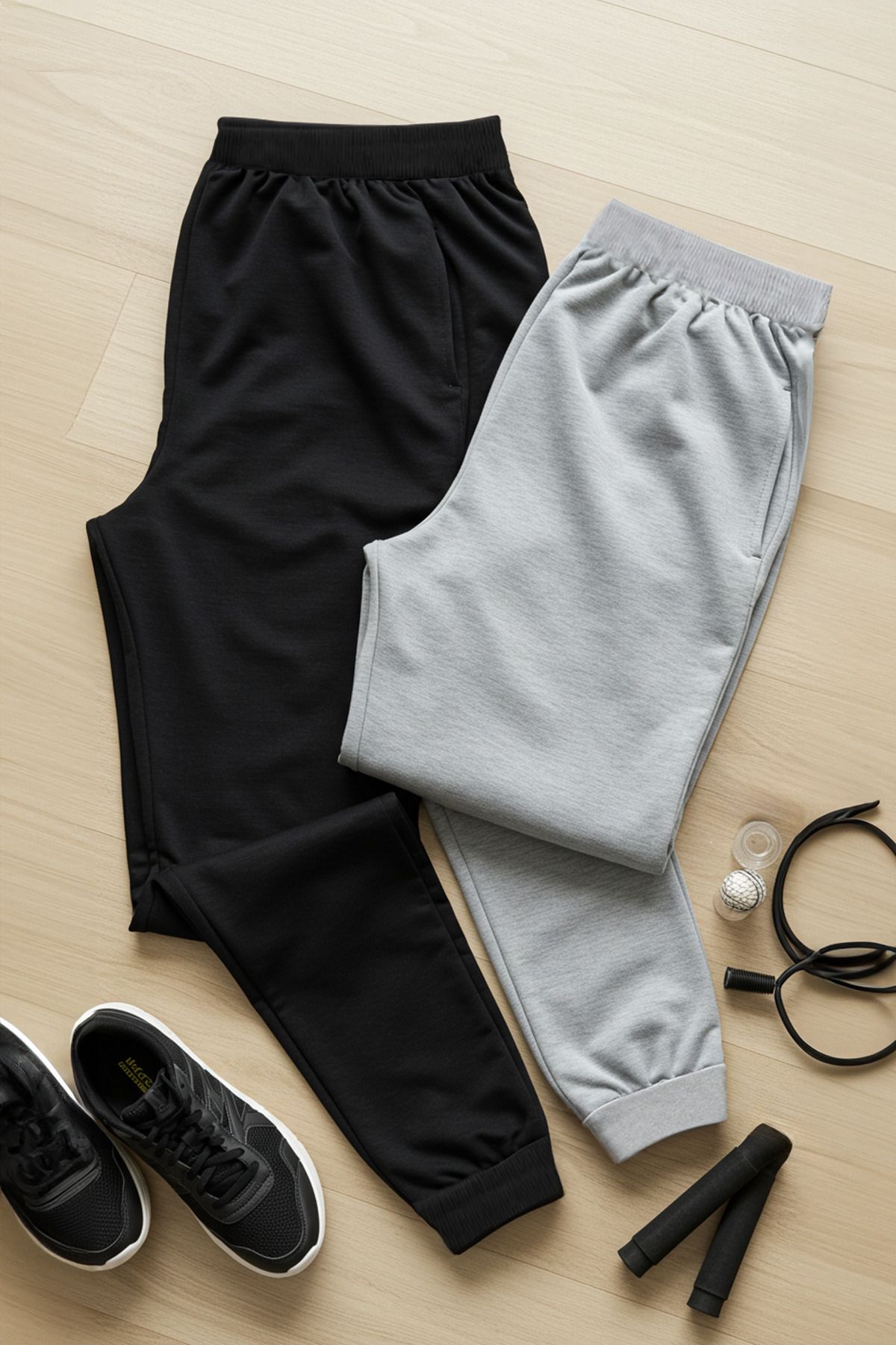 Trendyol Collection Szaro-czarne Spodnie Dresowe Jogger - Elastyczne Nogawki, Regularny Krój, 2 Szt. Mężczyzna - M