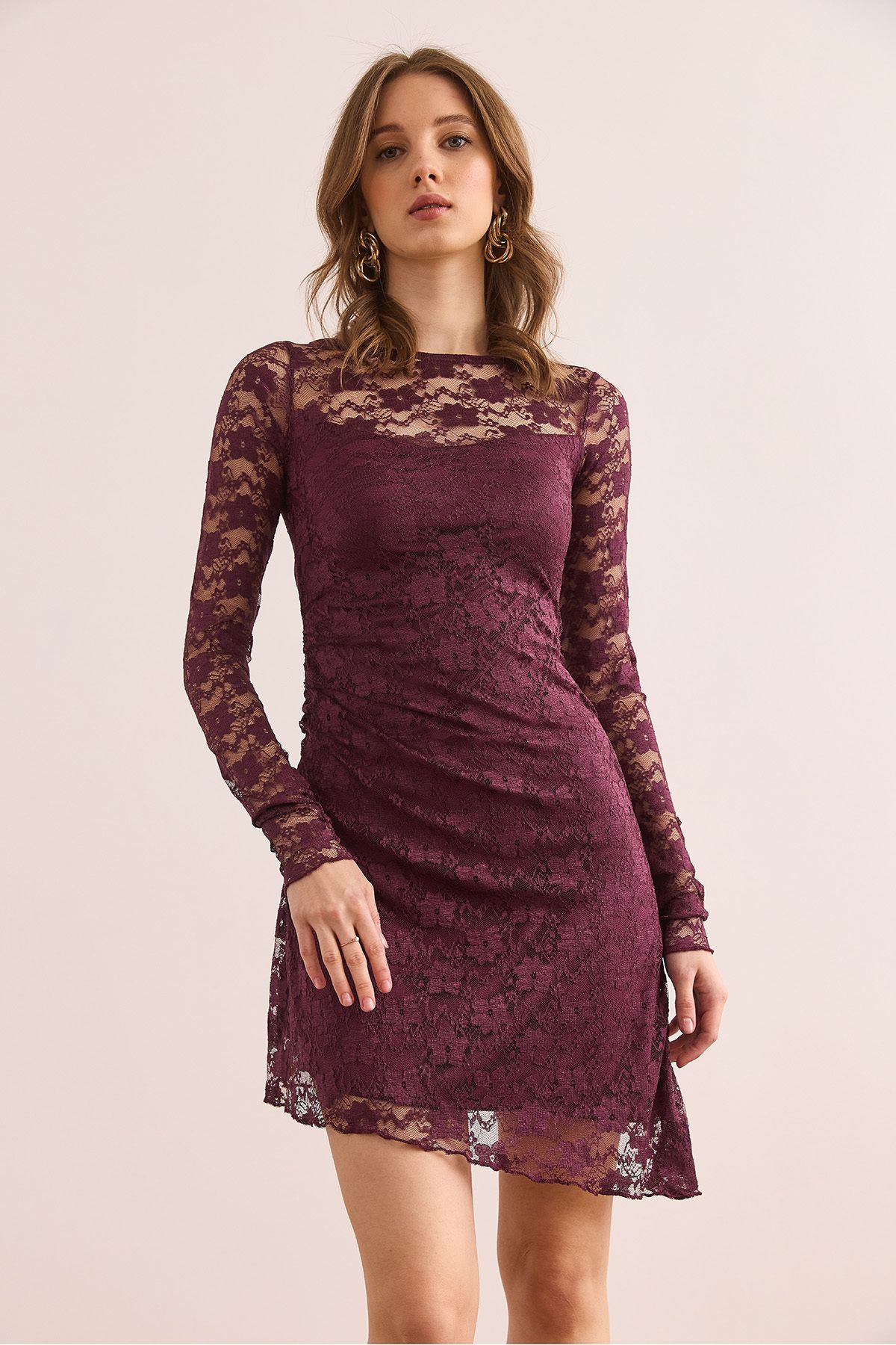 Kadın Mürdüm Astarlı Drape Detaylı Dantel Elbise ELB-19002367