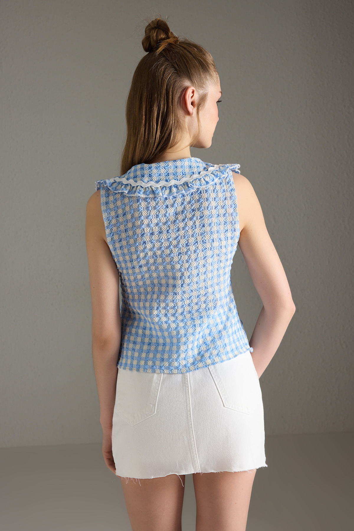 Trendyolmilla  Mavi Bebe Yaka Ekoseli Gömlek TWOSS25GO00154 - Görsel 4