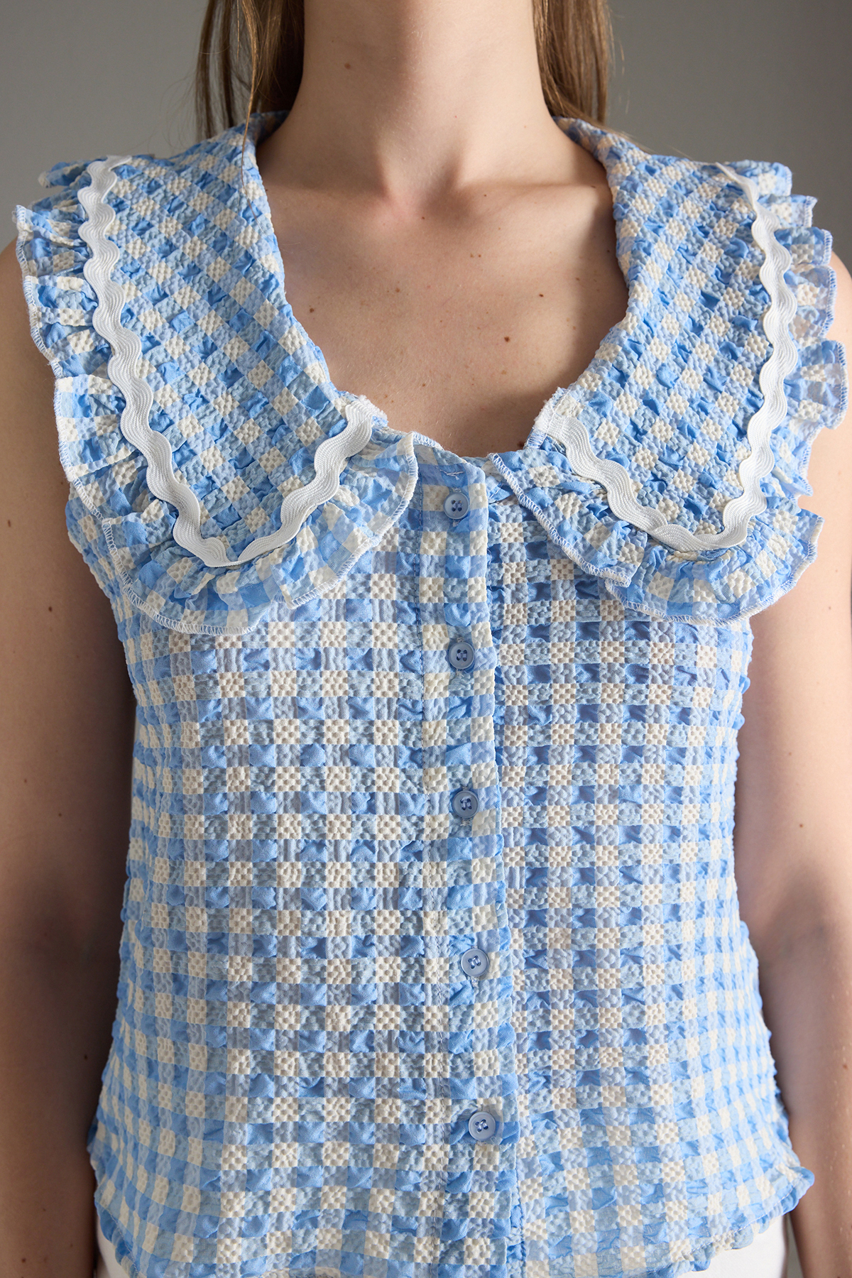 Trendyolmilla  Mavi Bebe Yaka Ekoseli Gömlek TWOSS25GO00154 - Görsel 3