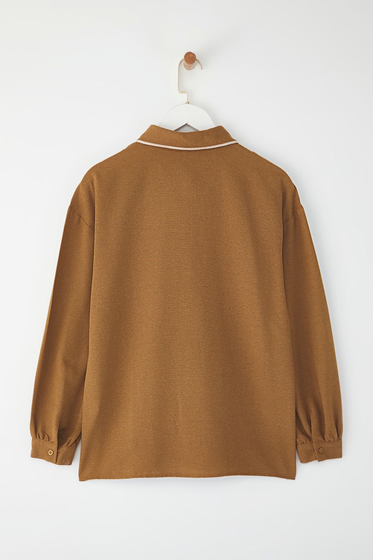 Trendyol Modest-Brown Oversize Linen Look Piping Detailed Woven Shirt Tctss25Tg00023 6