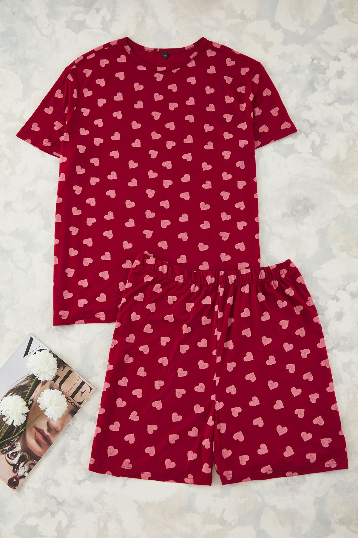 Edit by Trendyol-Claret Red Heart Patterned Knitted Large Size Pajama Set Tedss25Ai00005 2