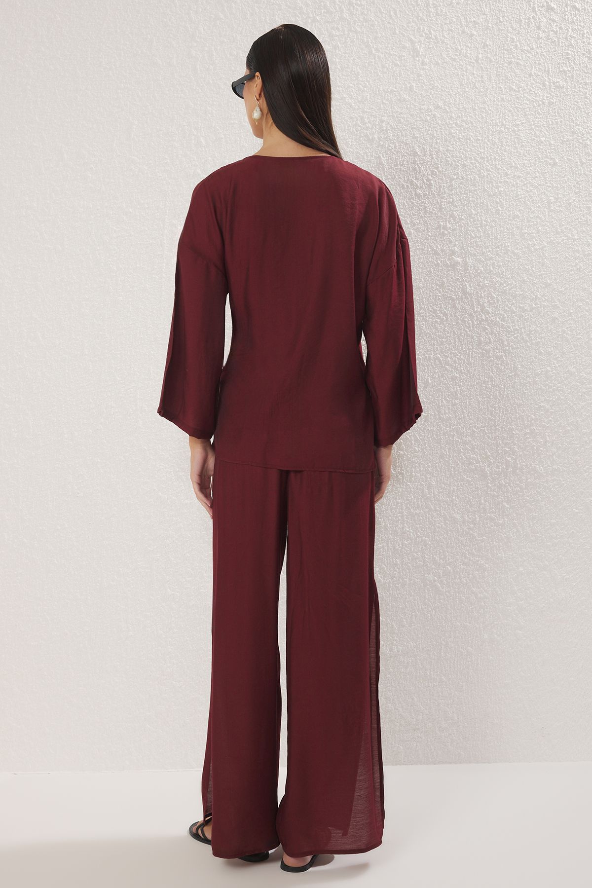 Trendyol Collection-Linen Blended Trousers - Burgundy Beach Set Tbess25Au00007 4