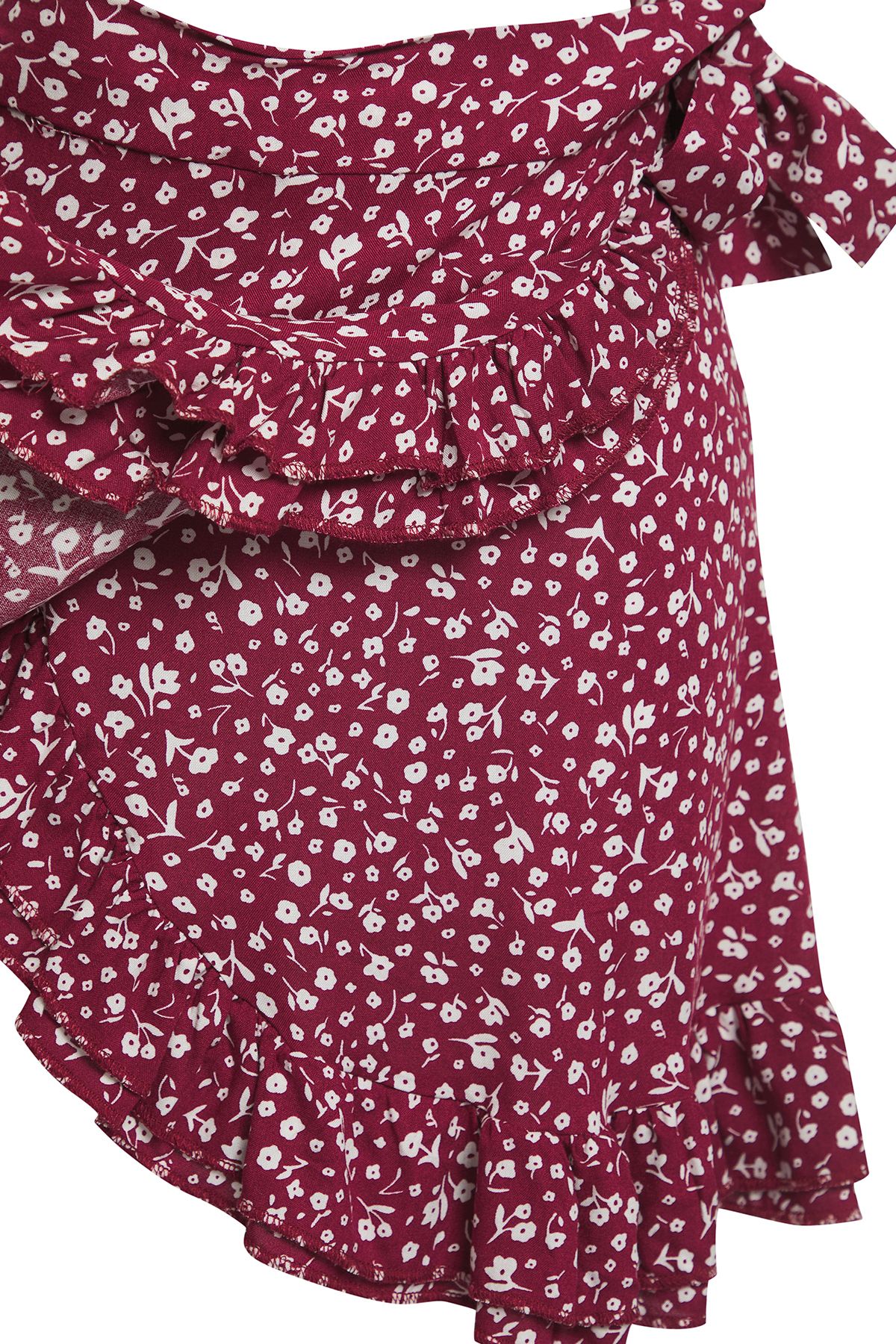 Trendyol Collection-Burgundy Floral Double Breasted Ruffled Viscose Summer Mini Skirt Twoss25Et00186 7
