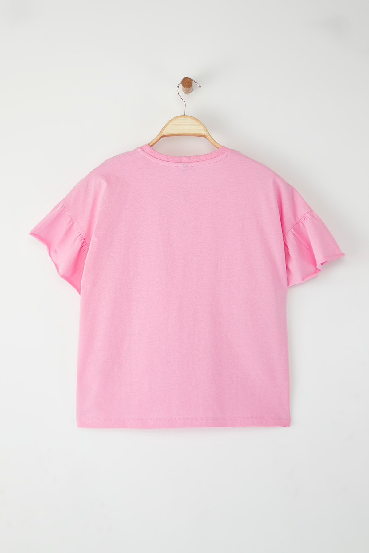 Trendyolmilla  Pembe %100 Pamuk Fırfır Detaylı Basic Bisiklet Yaka Örme T-Shirt TWOSS22TS2429 - Görsel 6