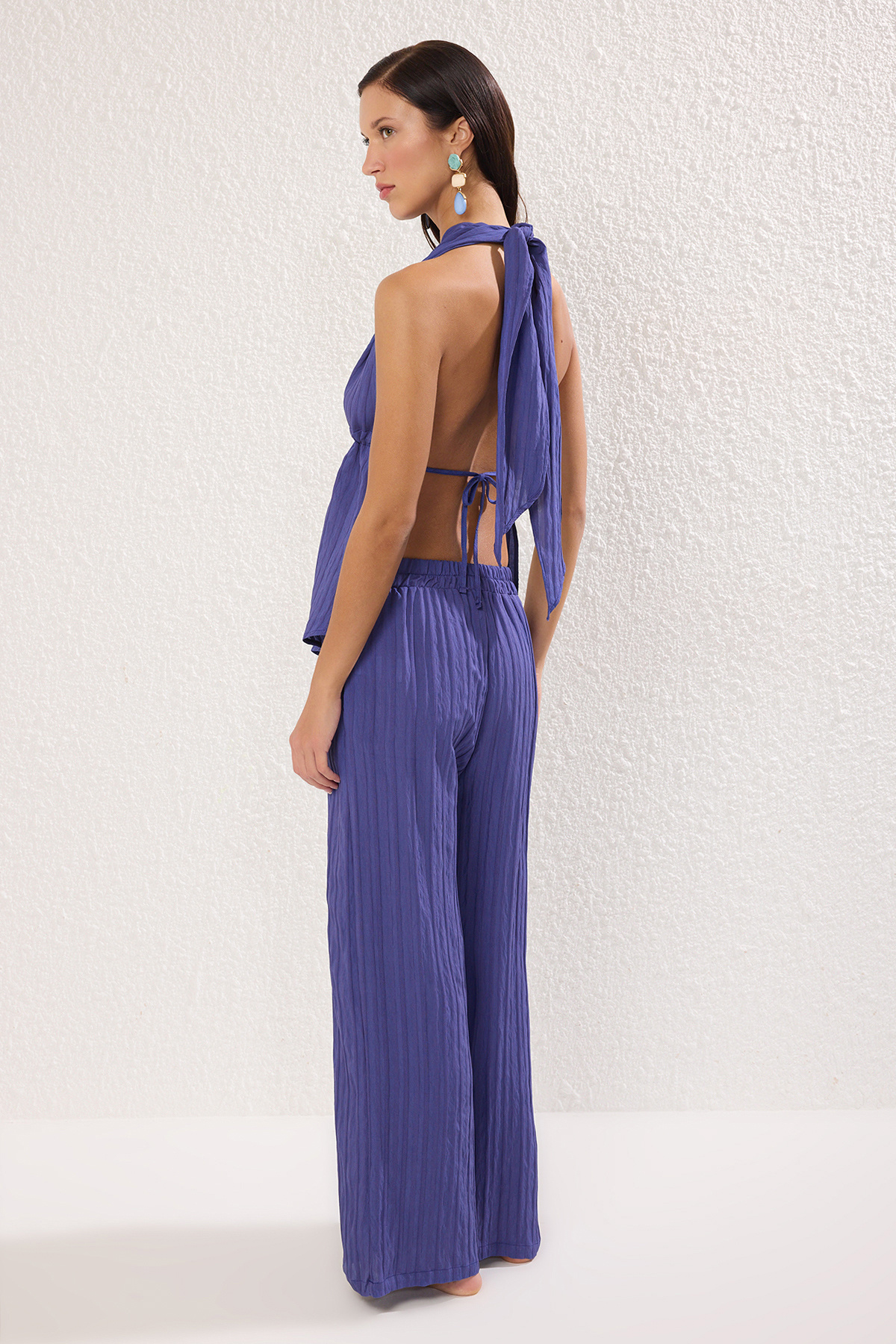 Trendyolmilla  Mor Dokuma Büzgülü Plaj Bluz-Pantolon Takım TBESS25AU00063 - Görsel 4