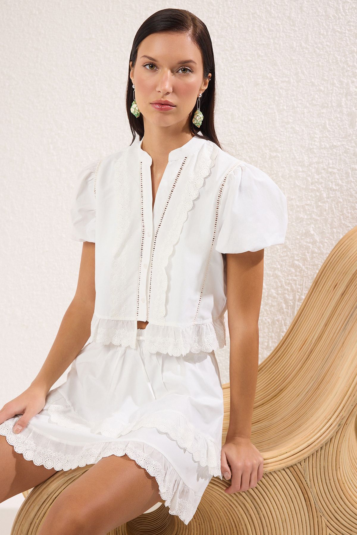Trendyol Collection-Λευκό υφαντό Brode Μπλούζα Φούστα Παραλίας TBESS25AU00072 1