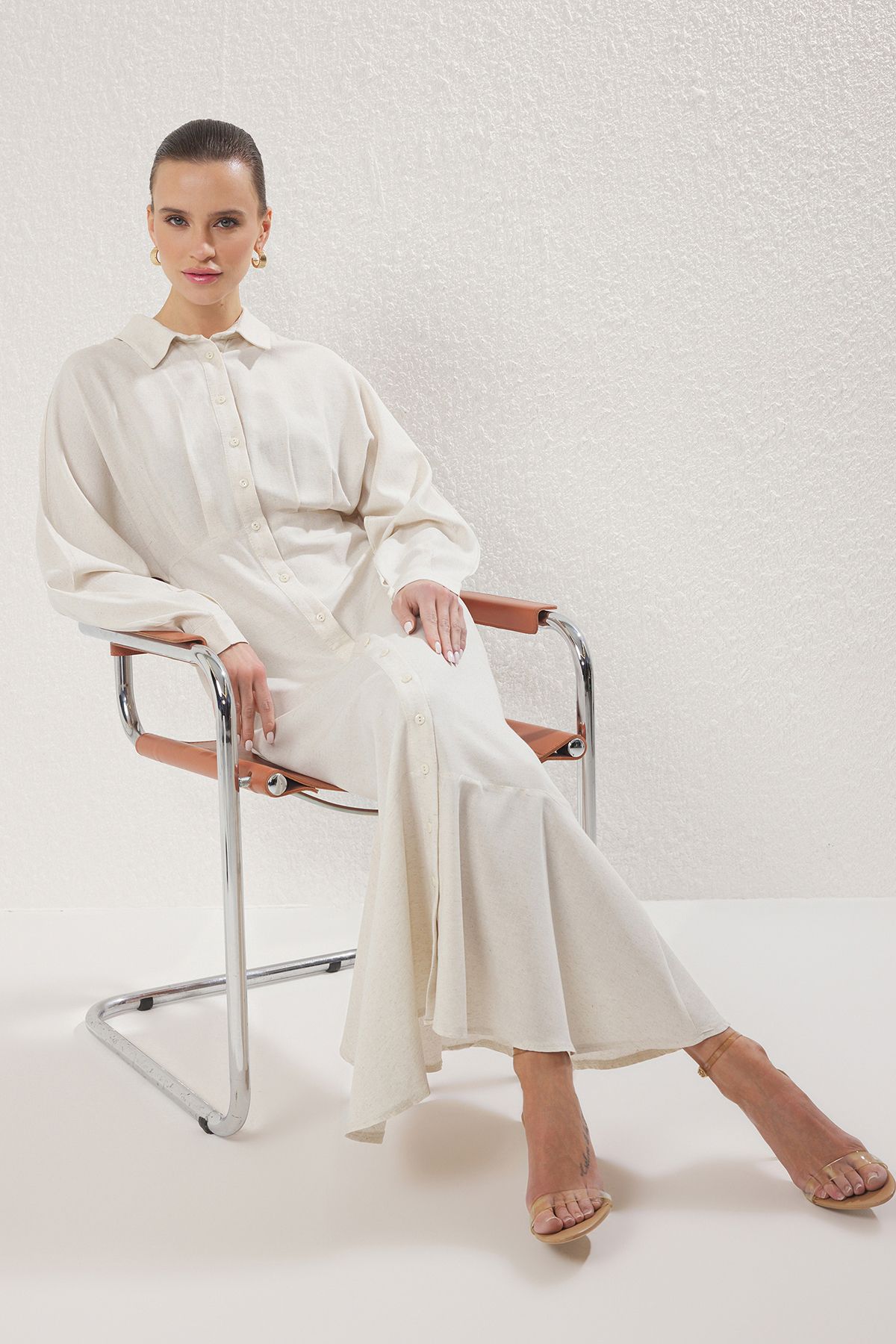 Trendyol Modest Tkané košilové šaty s obsahem kamenného plátna TCTSS25EB00103