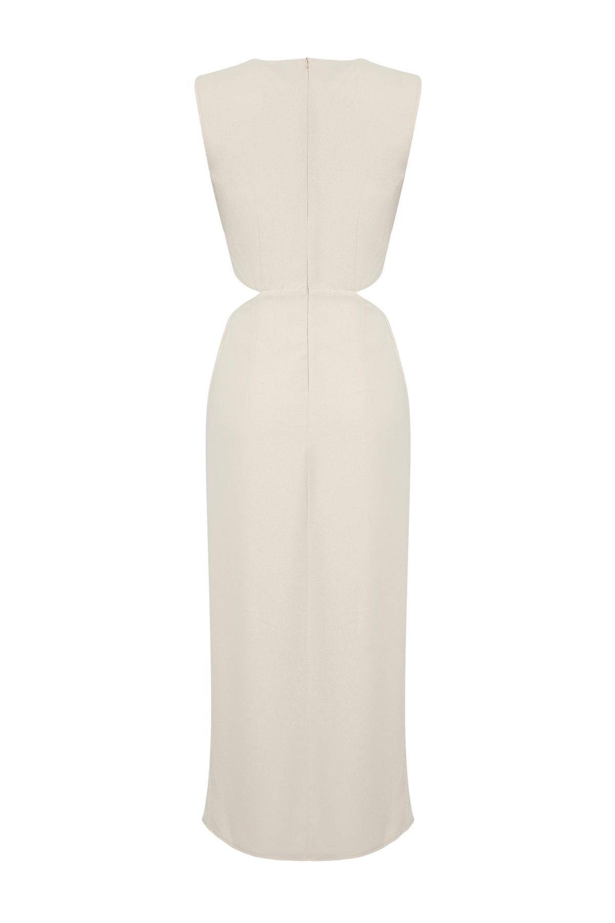 Trendyol Collection-Béžové maxi tkané krepové šaty A-Line s nízkým pasem a detailem příslušenství TWOSS25EL00017 7