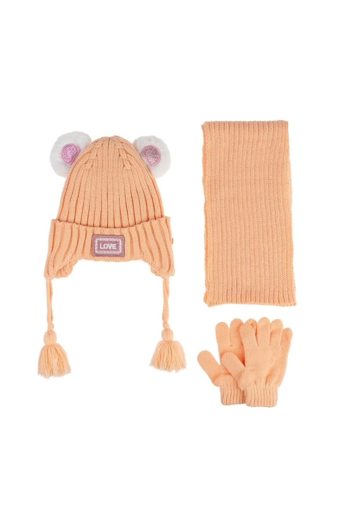 Kitti Bebe Kız Atkı Bere Eldiven Takım (1-4 Yaş) K24160-01 Şeftali