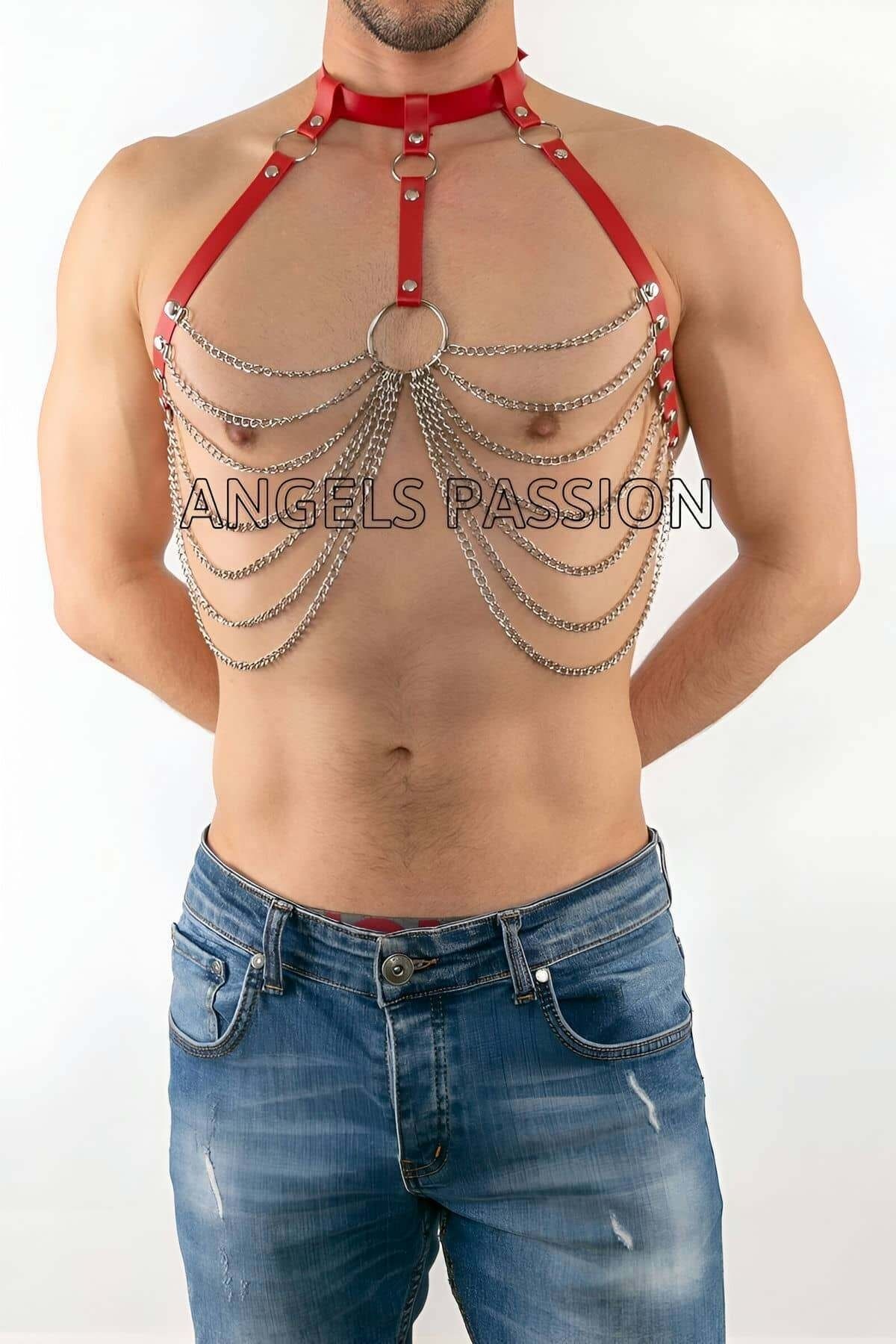 Drop Deposu-Men's Leather Chest Harness with Chain, Men's Harness with Chain - Brfm74-K1 1
