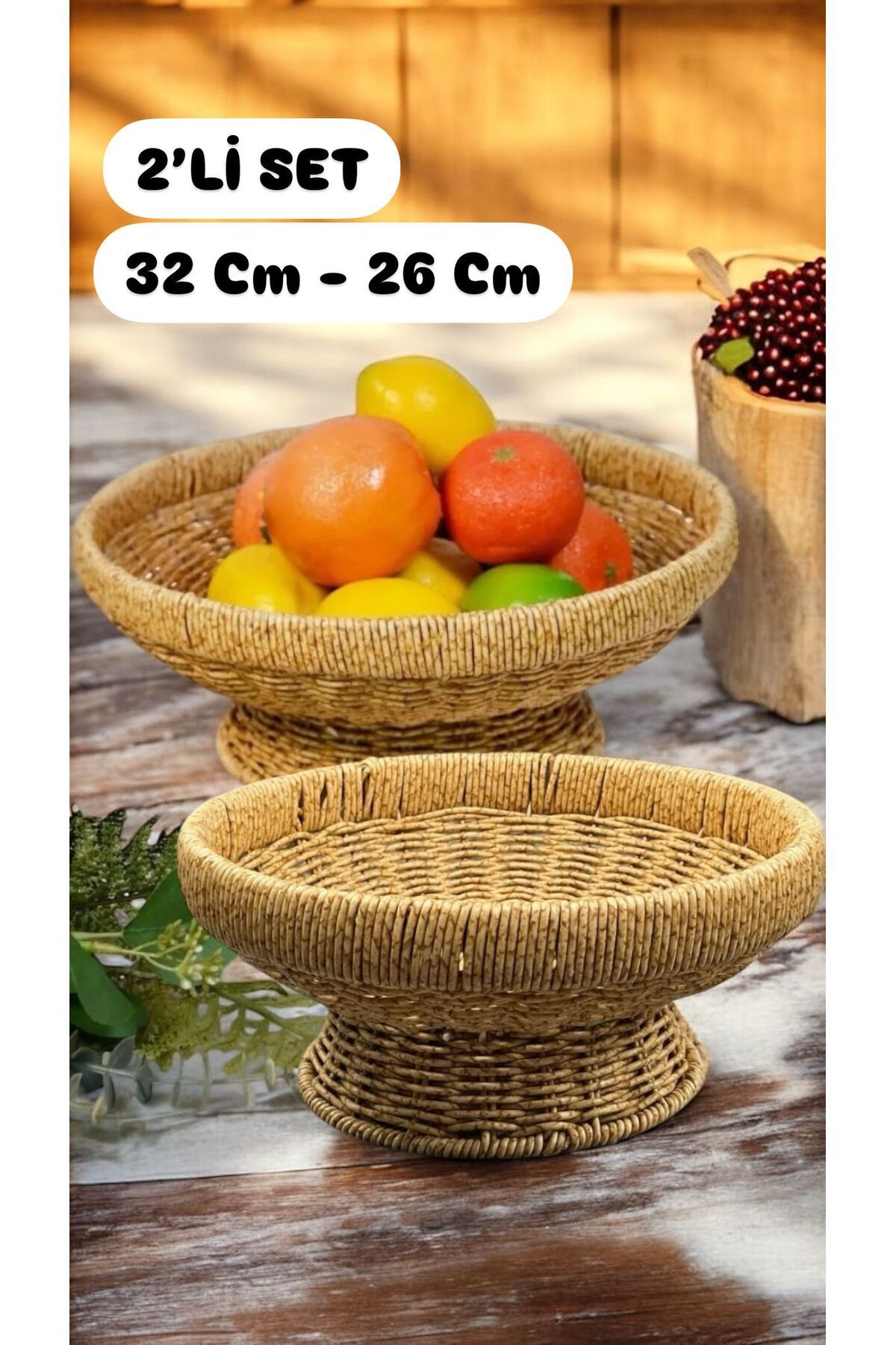 Bayev 2'Li Set Yuvarlak 32 Cm ve 26 Cm Ayaklı Meyvelik 700696 Dekoratif Hasır Sunumluk Seti
