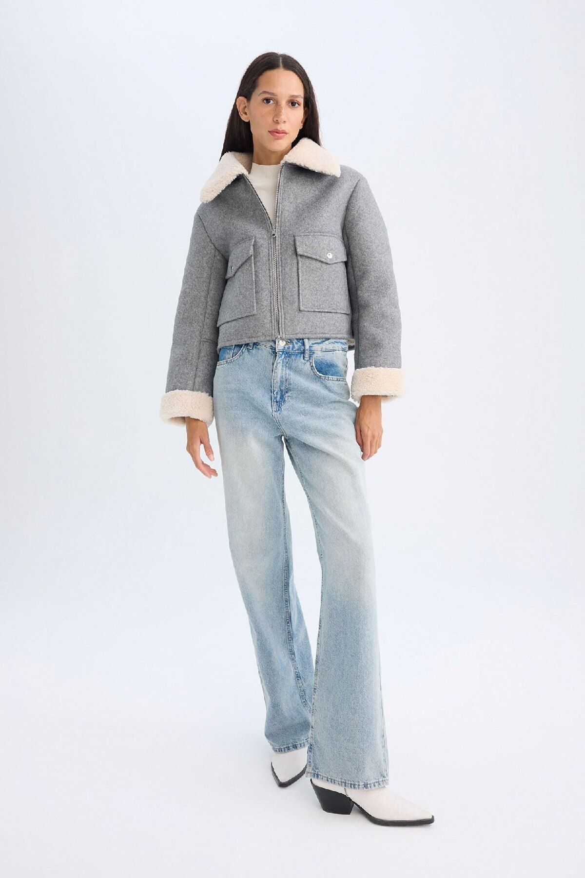 DeFacto-Polo Collar Artificial Cured Short Stamp Coat - Plush Lining with Zipper and Pockets D3998Ax24Wn 6