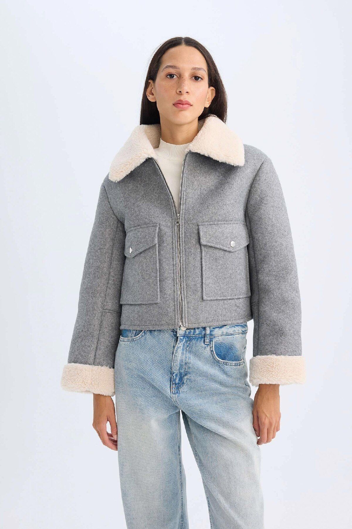 DeFacto-Polo Collar Artificial Cured Short Stamp Coat - Plush Lining with Zipper and Pockets D3998Ax24Wn 5