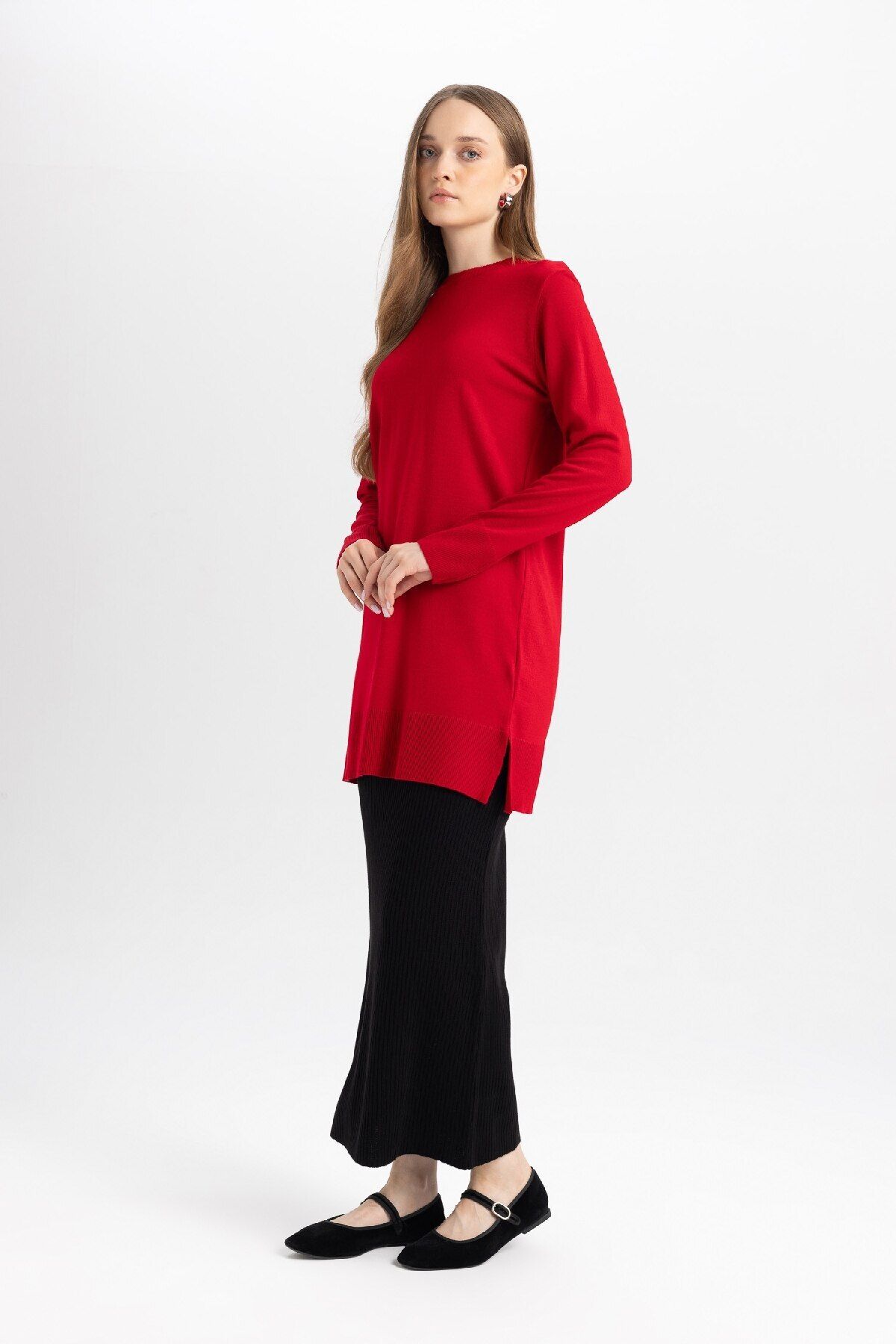 DeFacto-Regular Fit Stretch Waisted Basic Plain Black Maxi Skirt D2526Ax24Wn 2