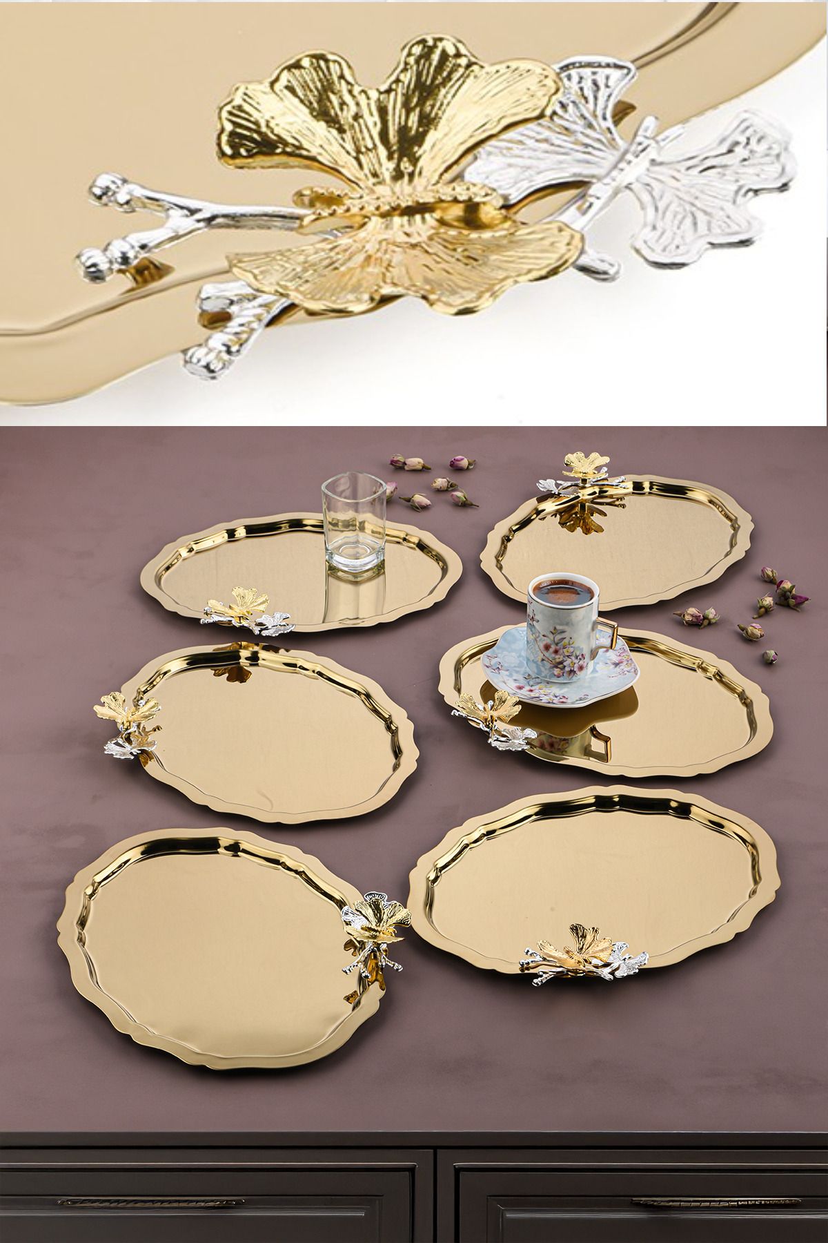 AHİR TİCARET-6 Pieces Oval Butterfly Accessory Coffee-Tea Serving and Presentation Tray 25X20 cm 1