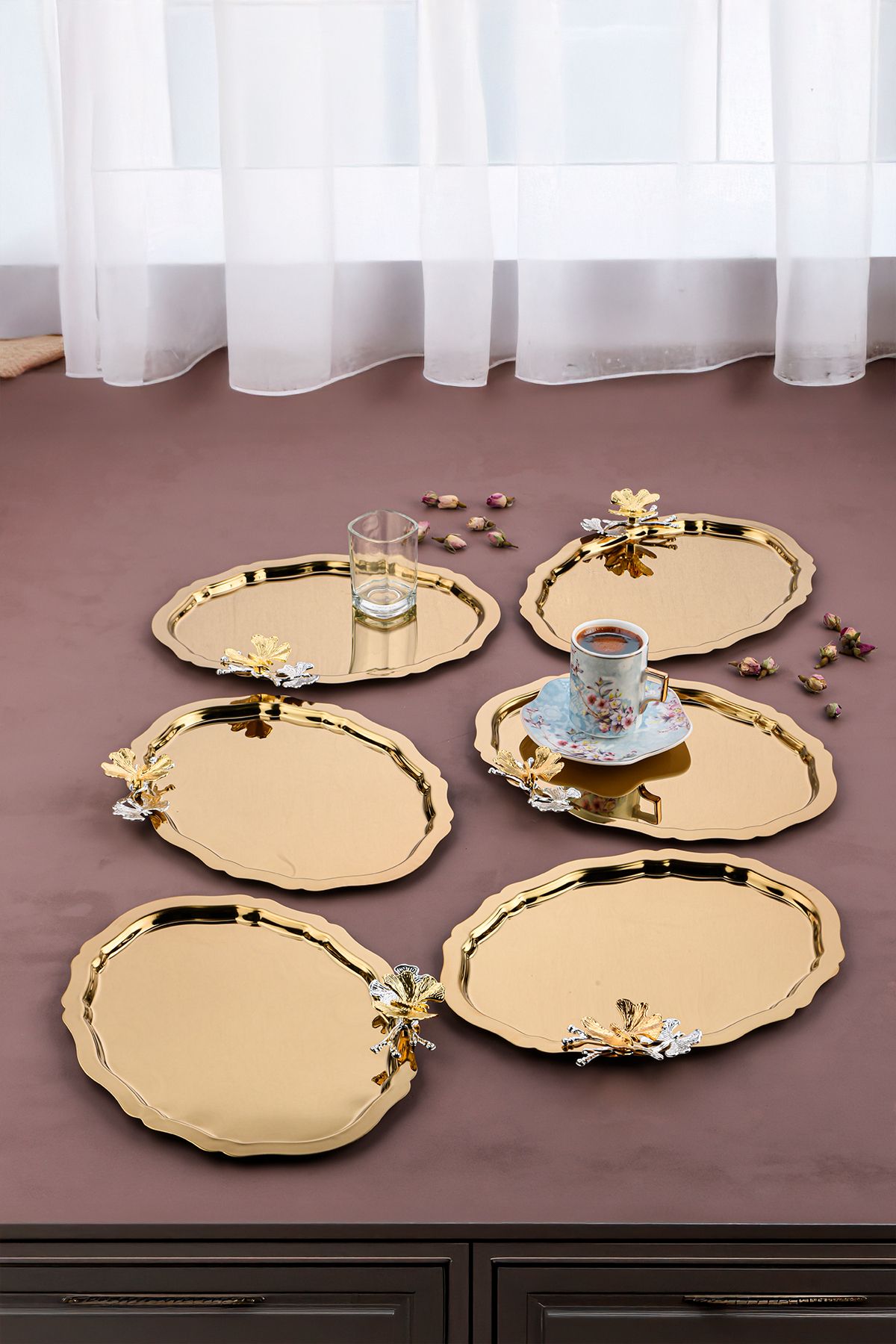 AHİR TİCARET-6 Pieces Oval Butterfly Accessory Coffee-Tea Serving and Presentation Tray 25X20 cm 2