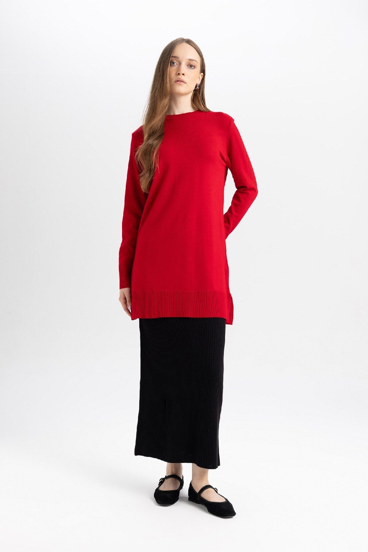DeFacto-Regular Fit Stretch Waisted Basic Plain Black Maxi Skirt D2526Ax24Wn 3