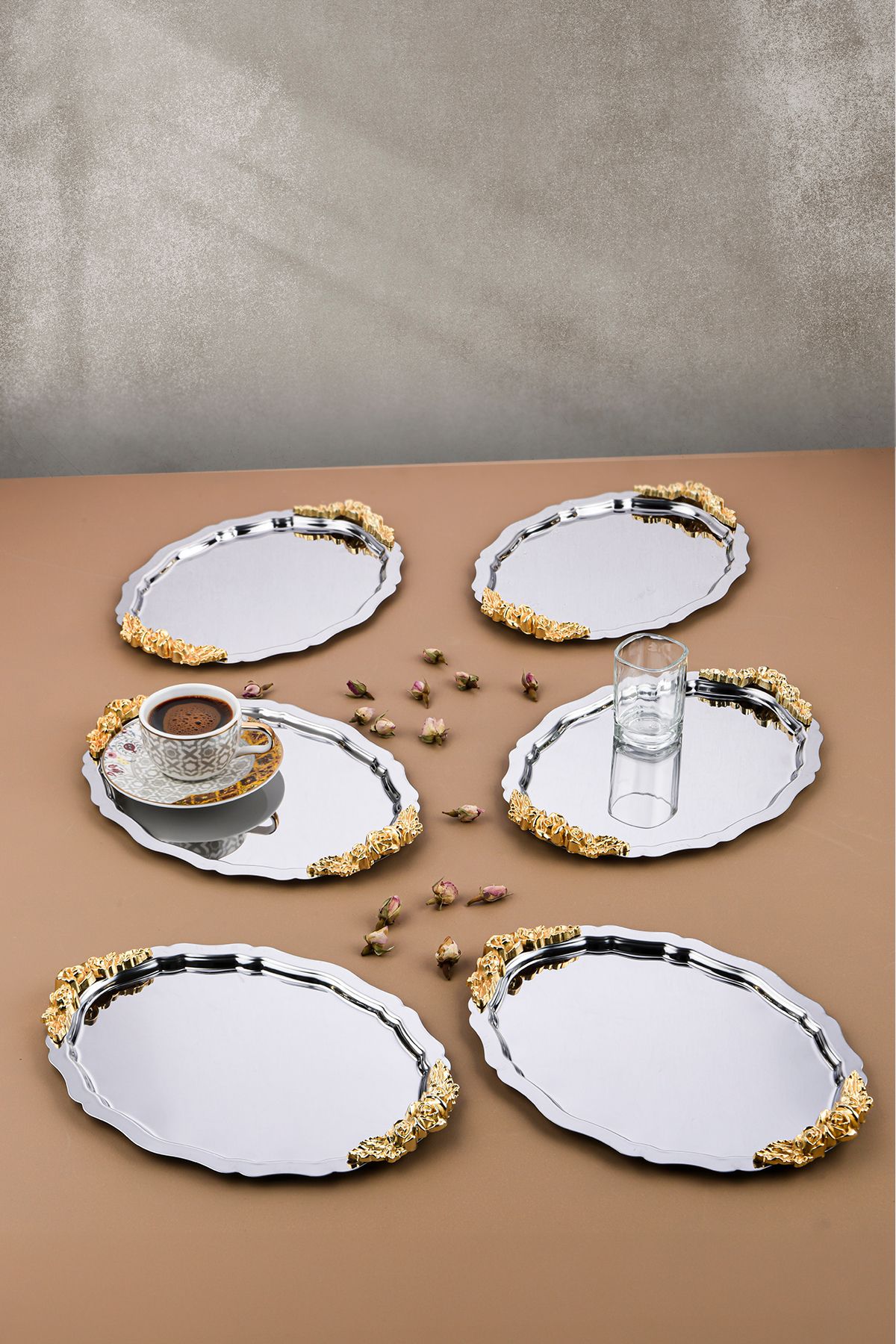 AHİR TİCARET-6 Pieces Oval-Cloud Model Rose Motif Coffee-Tea Presentation Tray 25 cm X 20 Xm 3