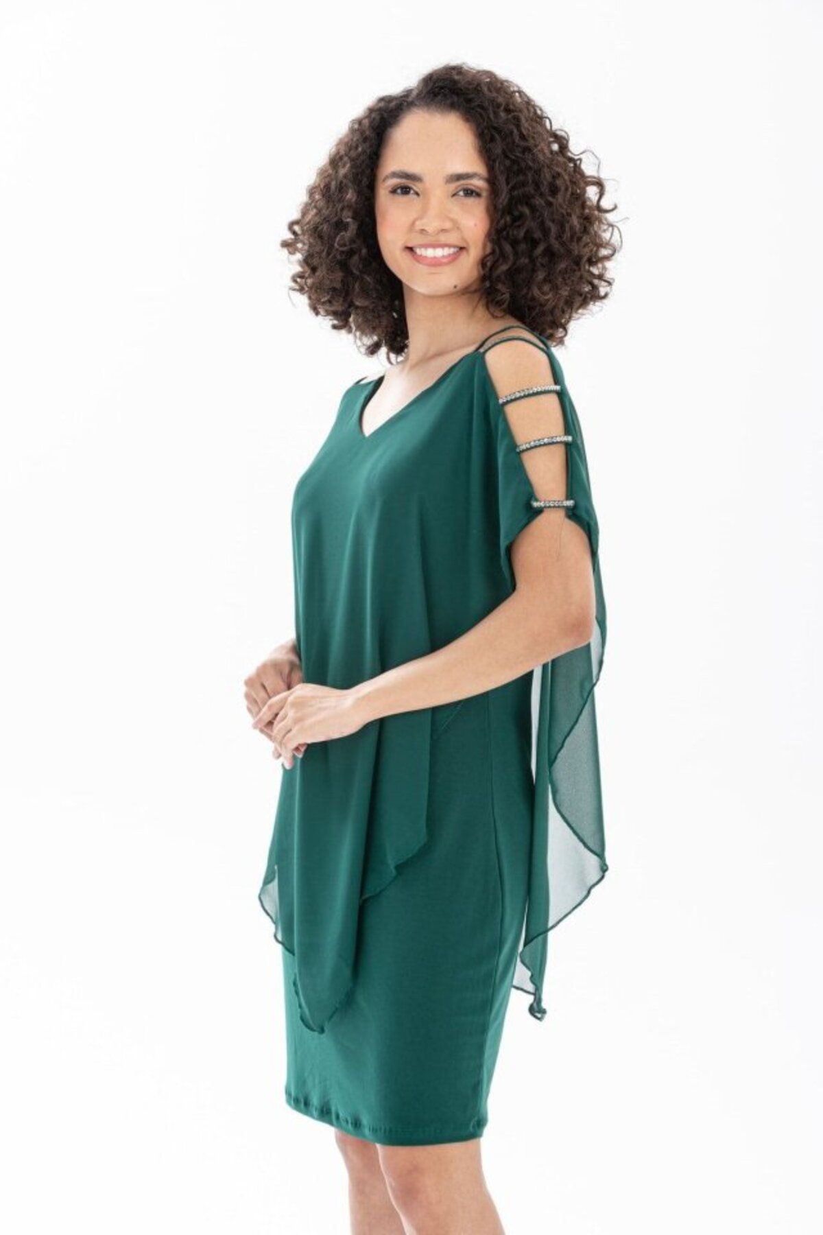 JANES-Women's Off-The-Shoulder V-Neck Chiffon Sandy Fabric Opportunity Product Above Knee Dress 3