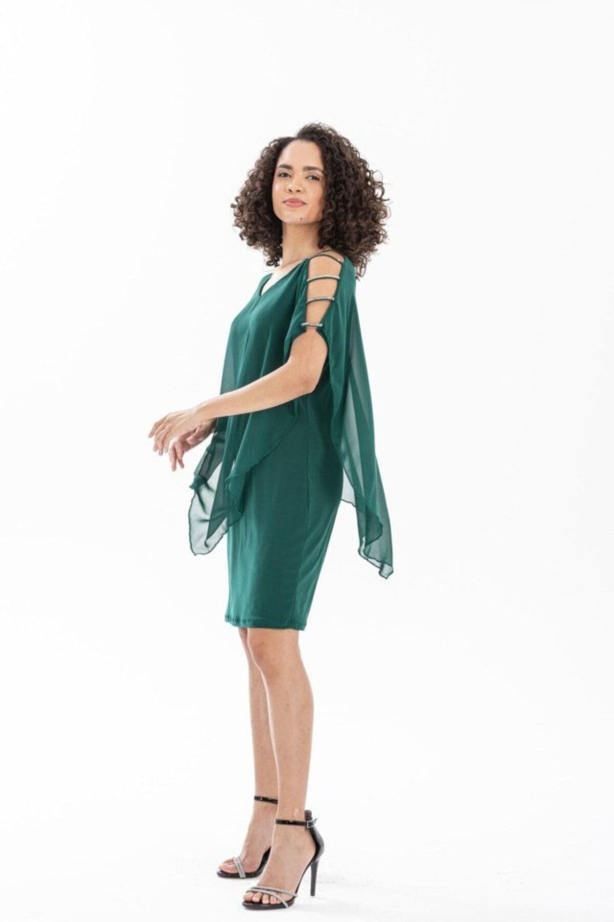 JANES-Women's Off-The-Shoulder V-Neck Chiffon Sandy Fabric Opportunity Product Above Knee Dress 2