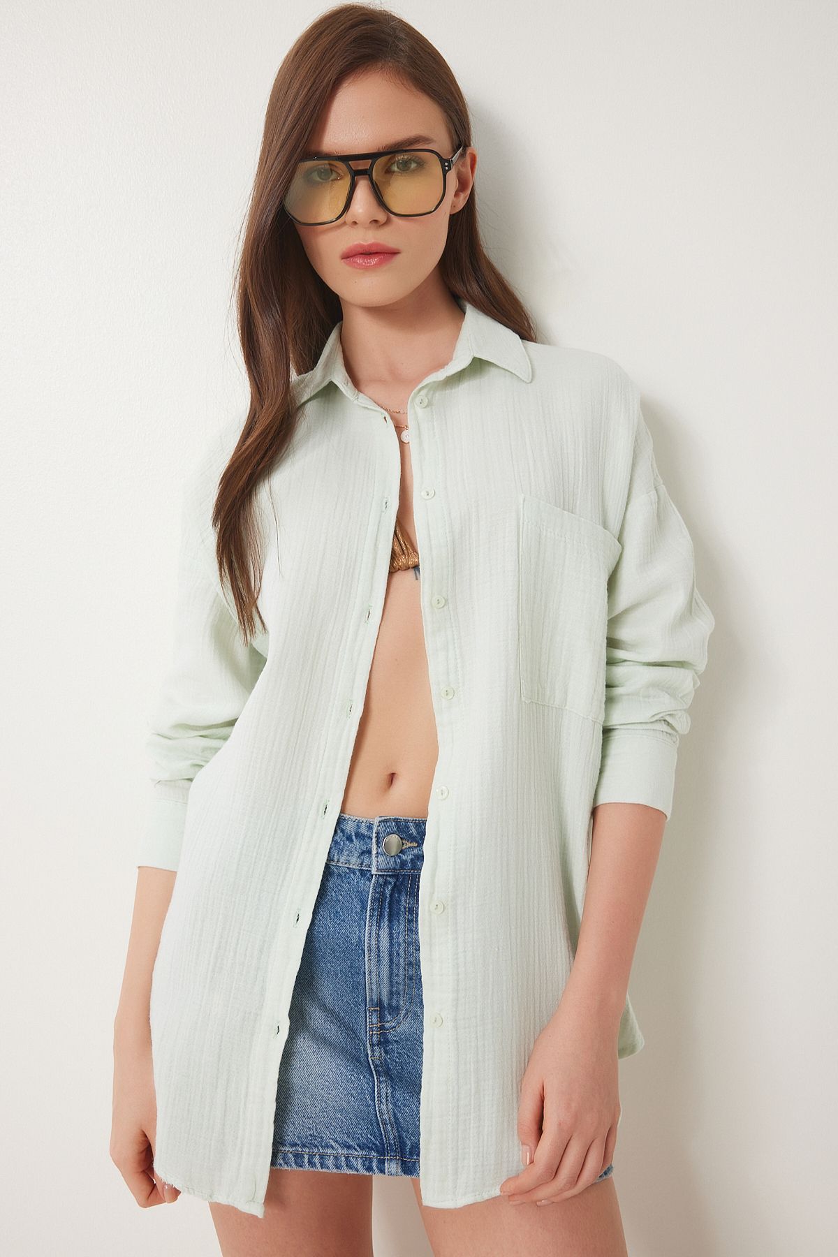 Lovelyİstanbul-Oversize Basic Muslin Shirt Water Green Lmx0002 2