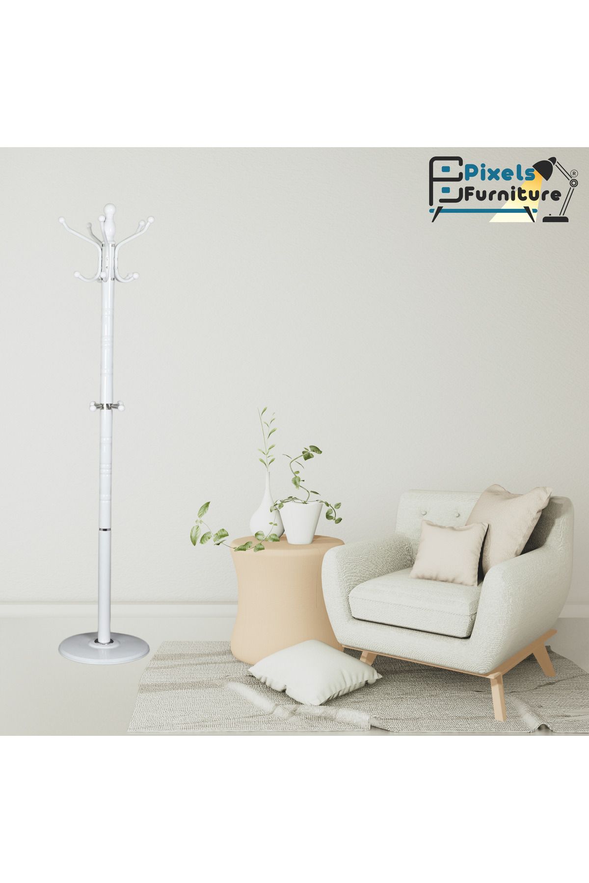 PixelsFurniture-Pixel Furniture Modern Design Metal Clothes Hanger, Marble Base with 14 Hooks for Hanging Clothes and Scarves 2