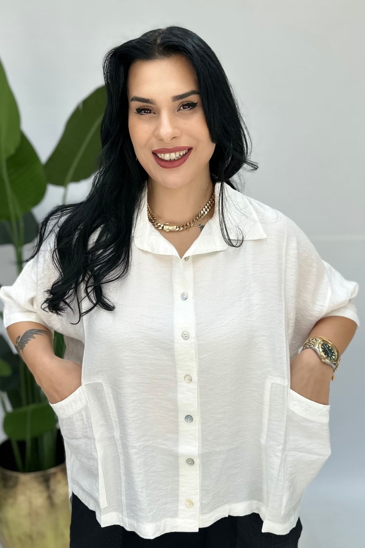 GÖKSEL-Short Linen Bluz White Large Size 1