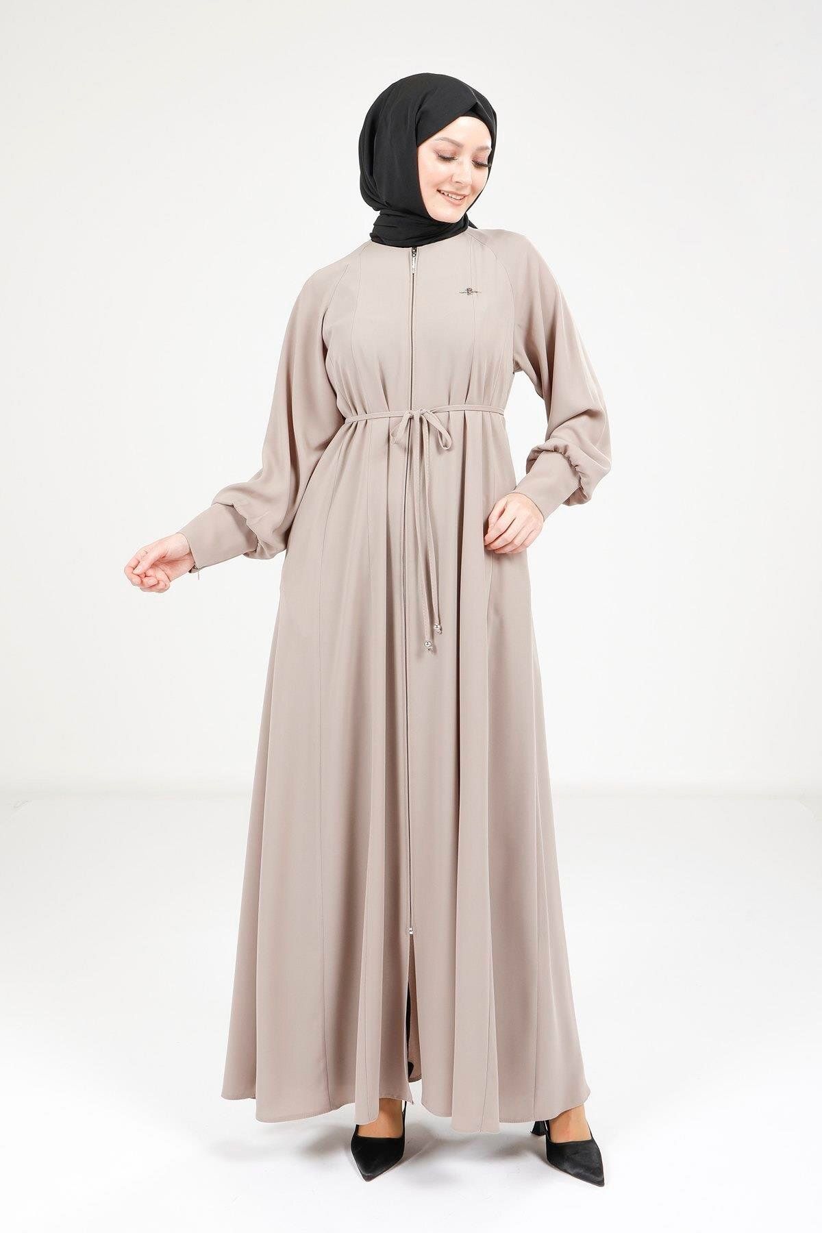 مانتو و عبای پوشیده زنانه ZIPPERED BEIGE FERACE 9162 اورجینال Beyza