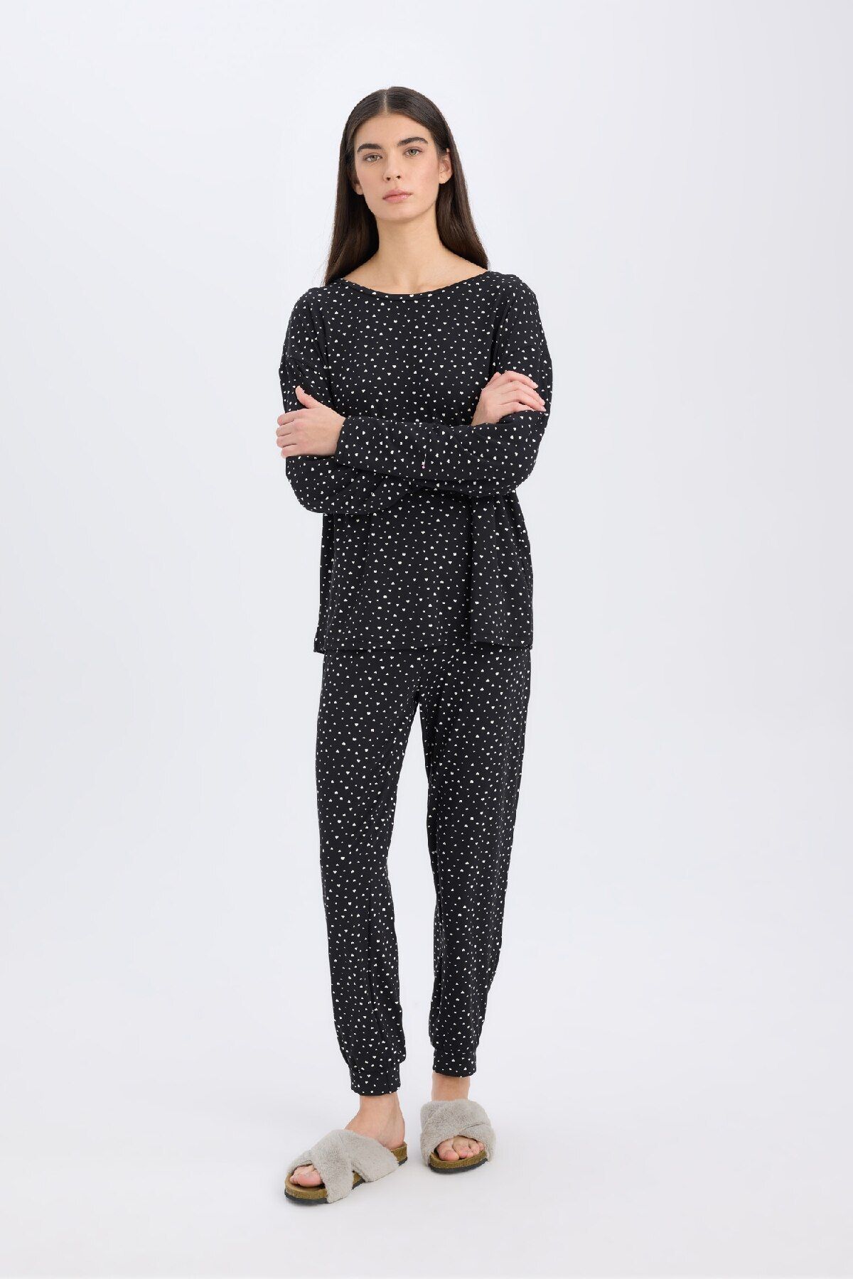 DeFacto-Pajama Sets Softshell Long Sleeve Top Elastic Waist Long Bottom-Fall in Love D9183Ax24Wn 2