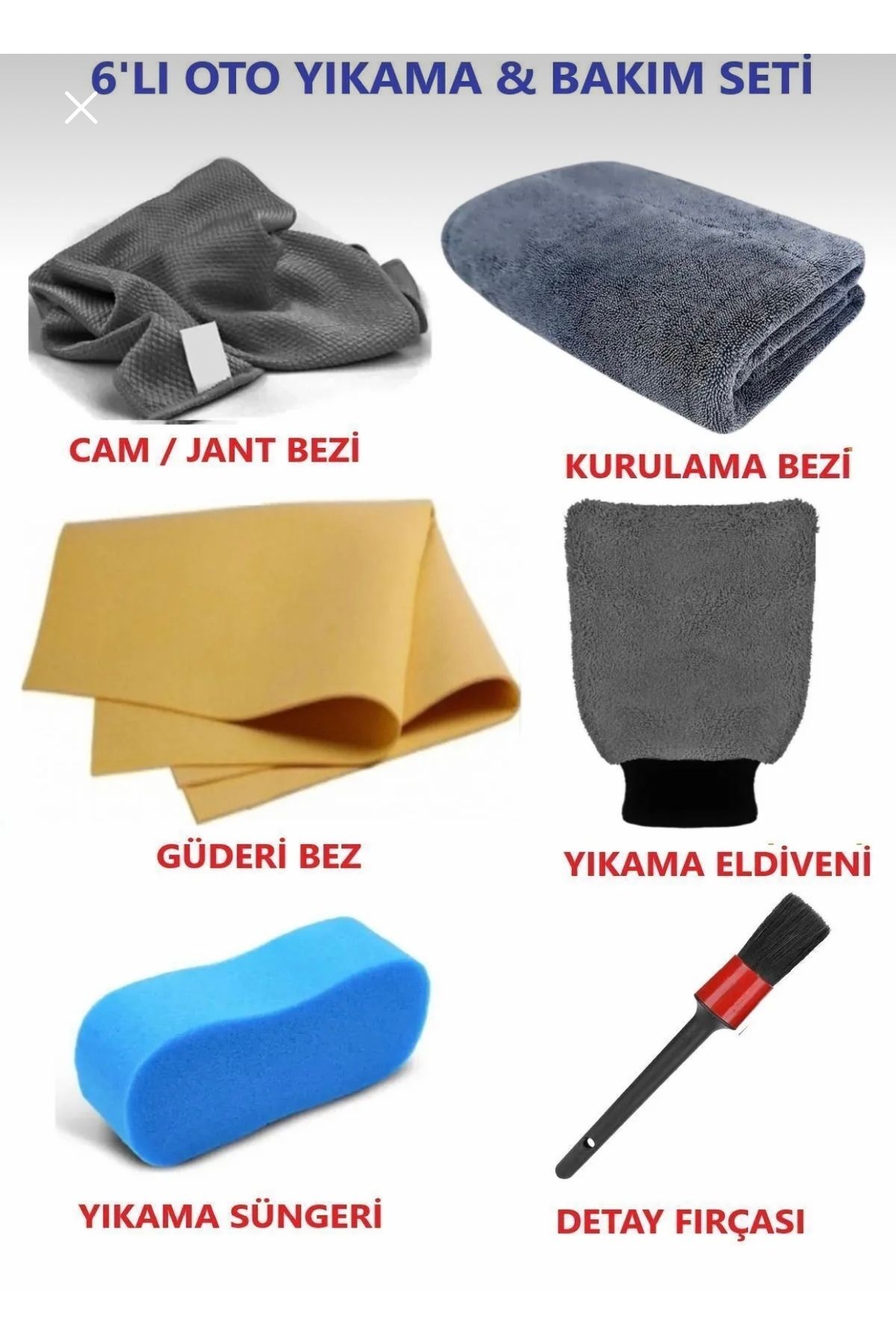 ( 6’Lı ) Mikrofiber Oto Yıkama Seti Kurulama Bezi Cam Bezi Güderi Oto Eldiven Oto Sünger Detay Fırça